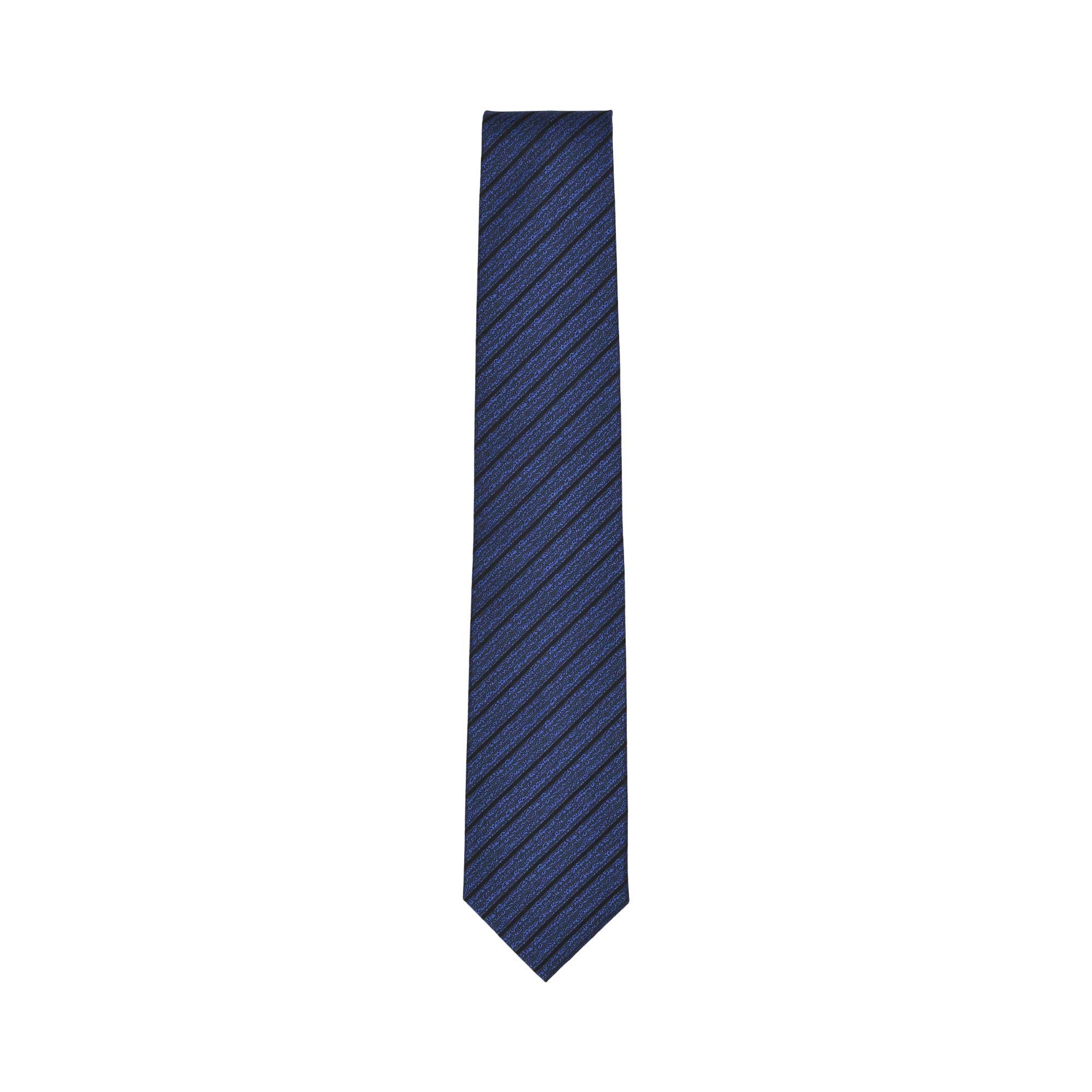 Dark blue necktie with black diagonal stripes, made from a woven fabric, laid flat.