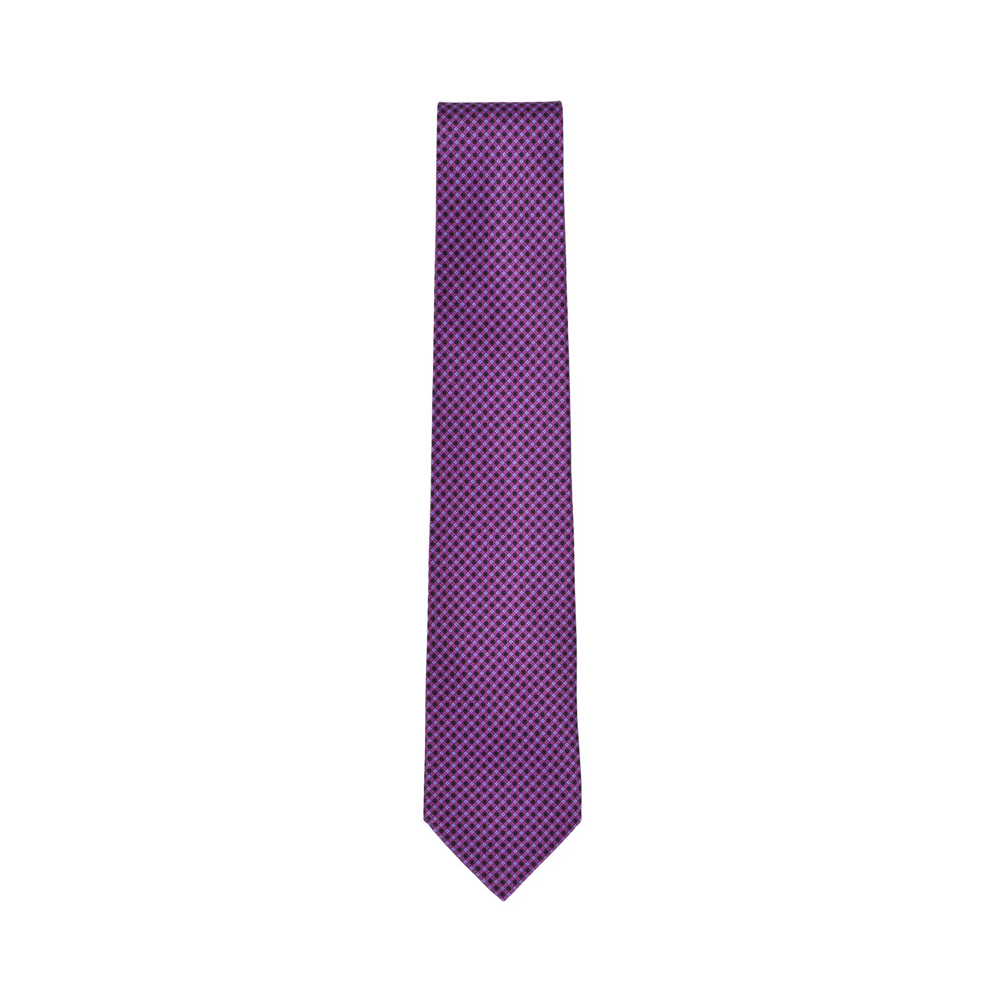 Purple necktie with a dark purple micro-check pattern, tapering to a pointed end