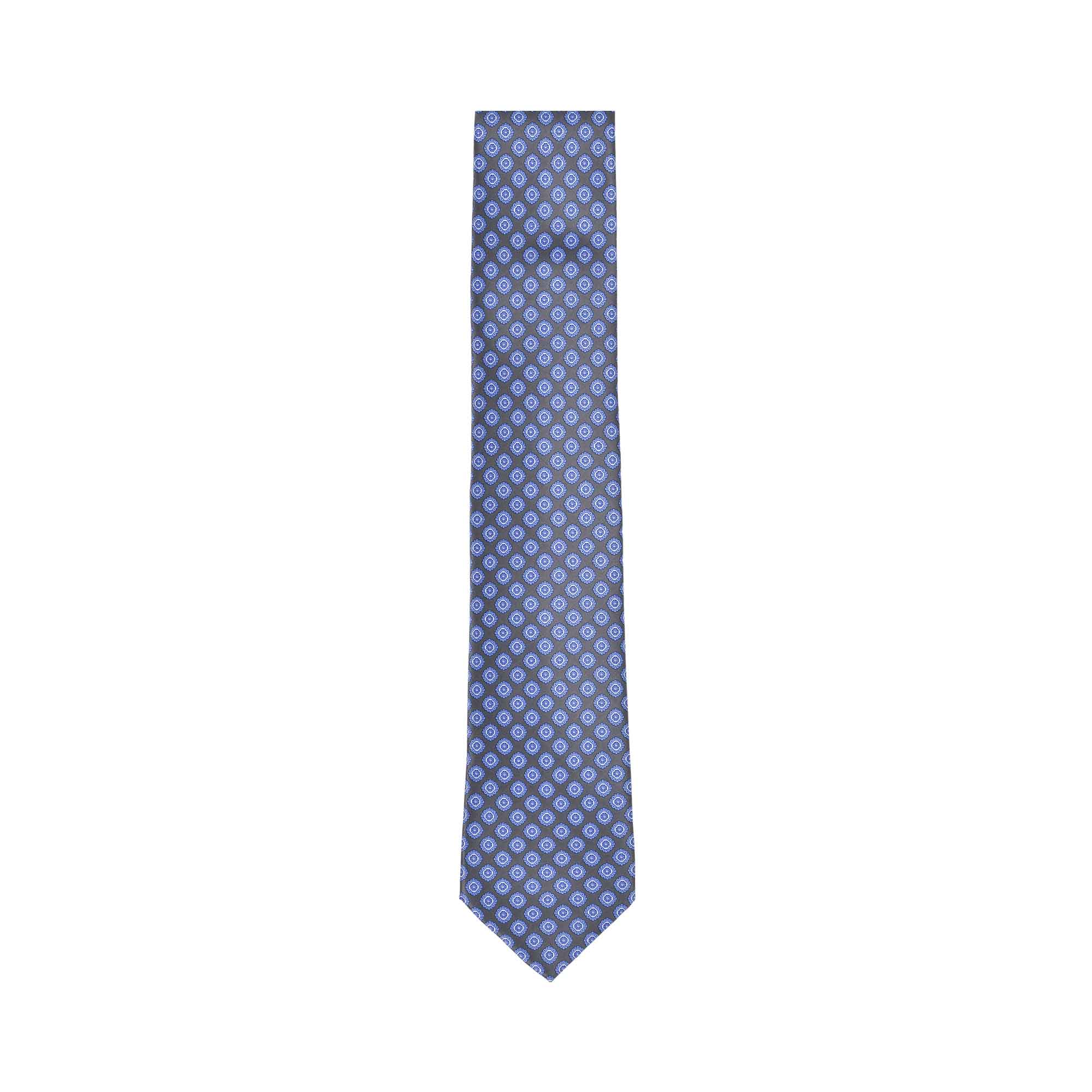 Dark grey necktie with a repeating pattern of light blue concentric circles, tapering to a pointed end.