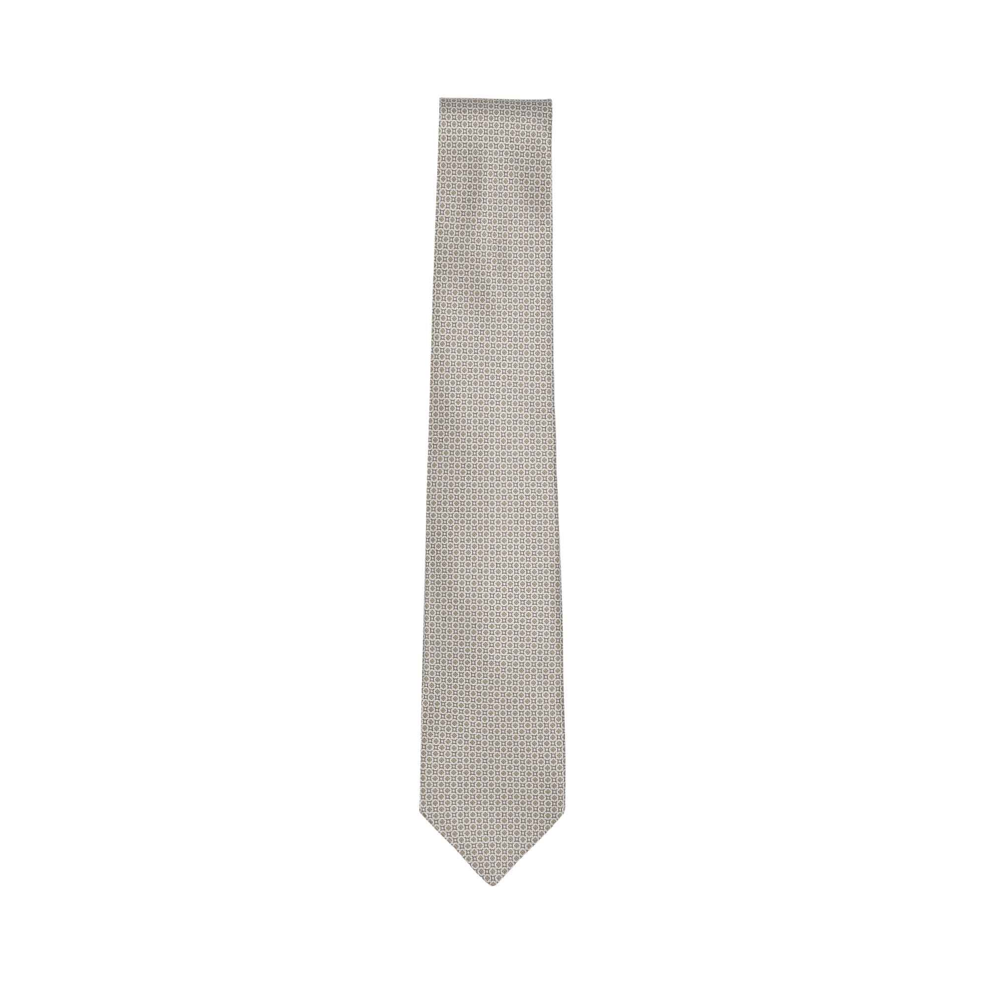 Light beige STEFANO RICCI silk tie with a repeating geometric pattern and pointed tip.