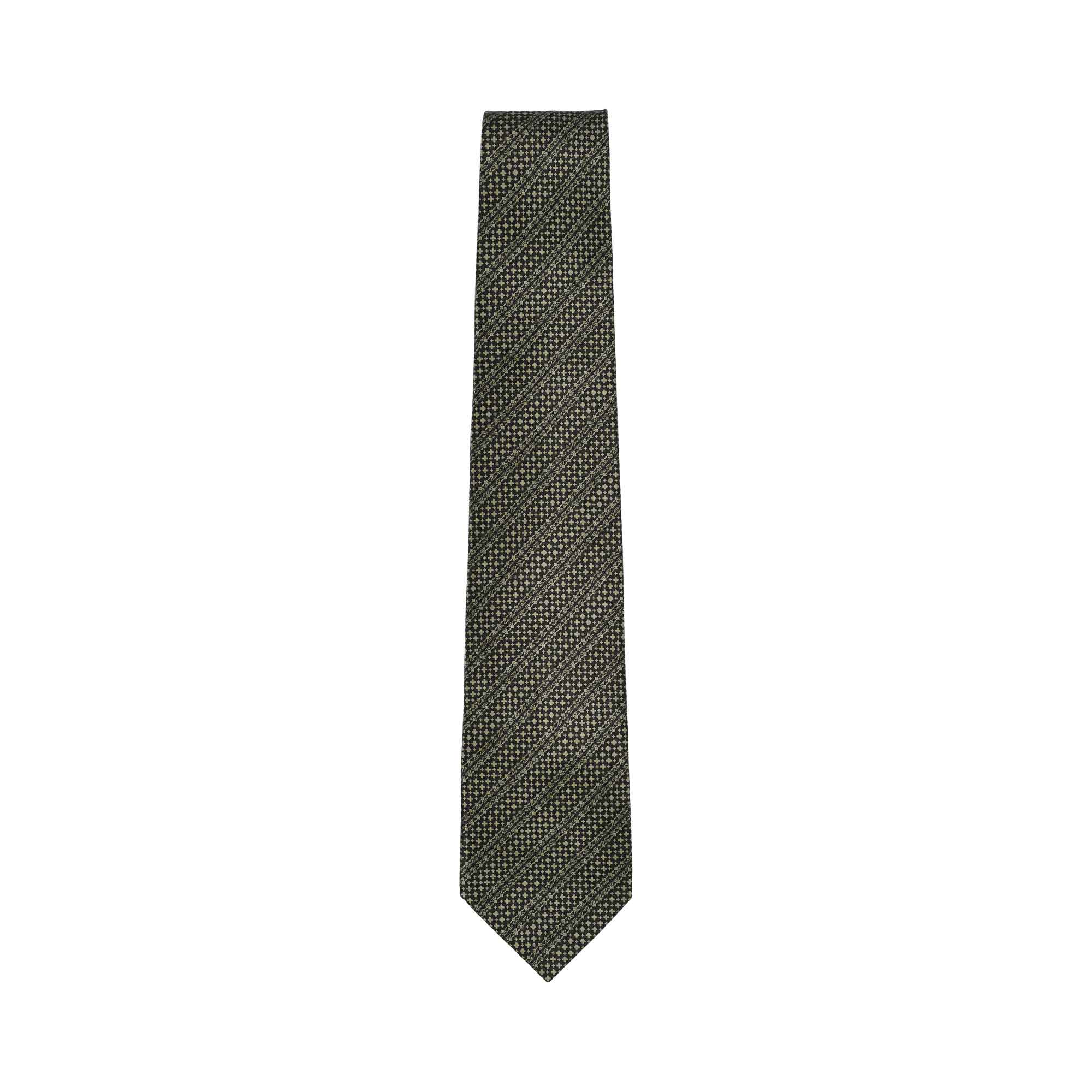 Dark grey necktie with diagonal stripes formed by small light grey geometric patterns, featuring a pointed tip.