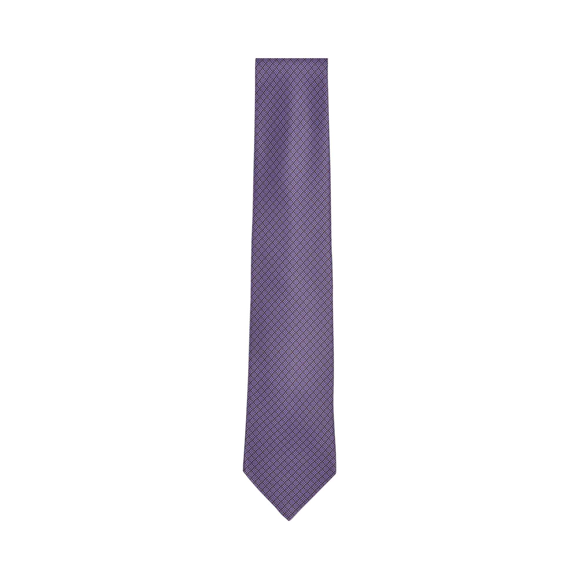 Purple tie with a subtle, repeating diamond pattern and a pointed tip.