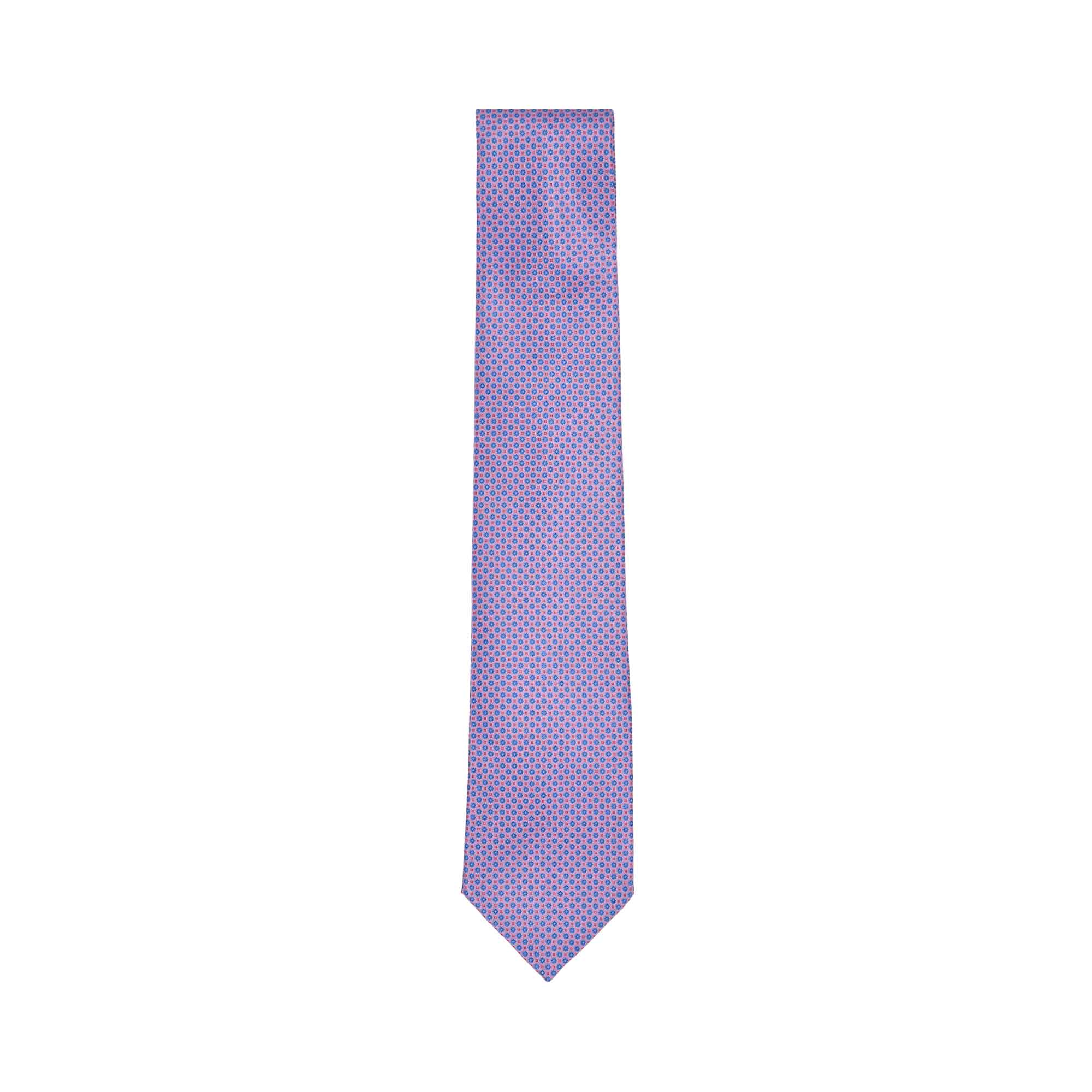 Purple necktie with a repeating light blue and pink geometric pattern, featuring a smooth, lustrous finish.
