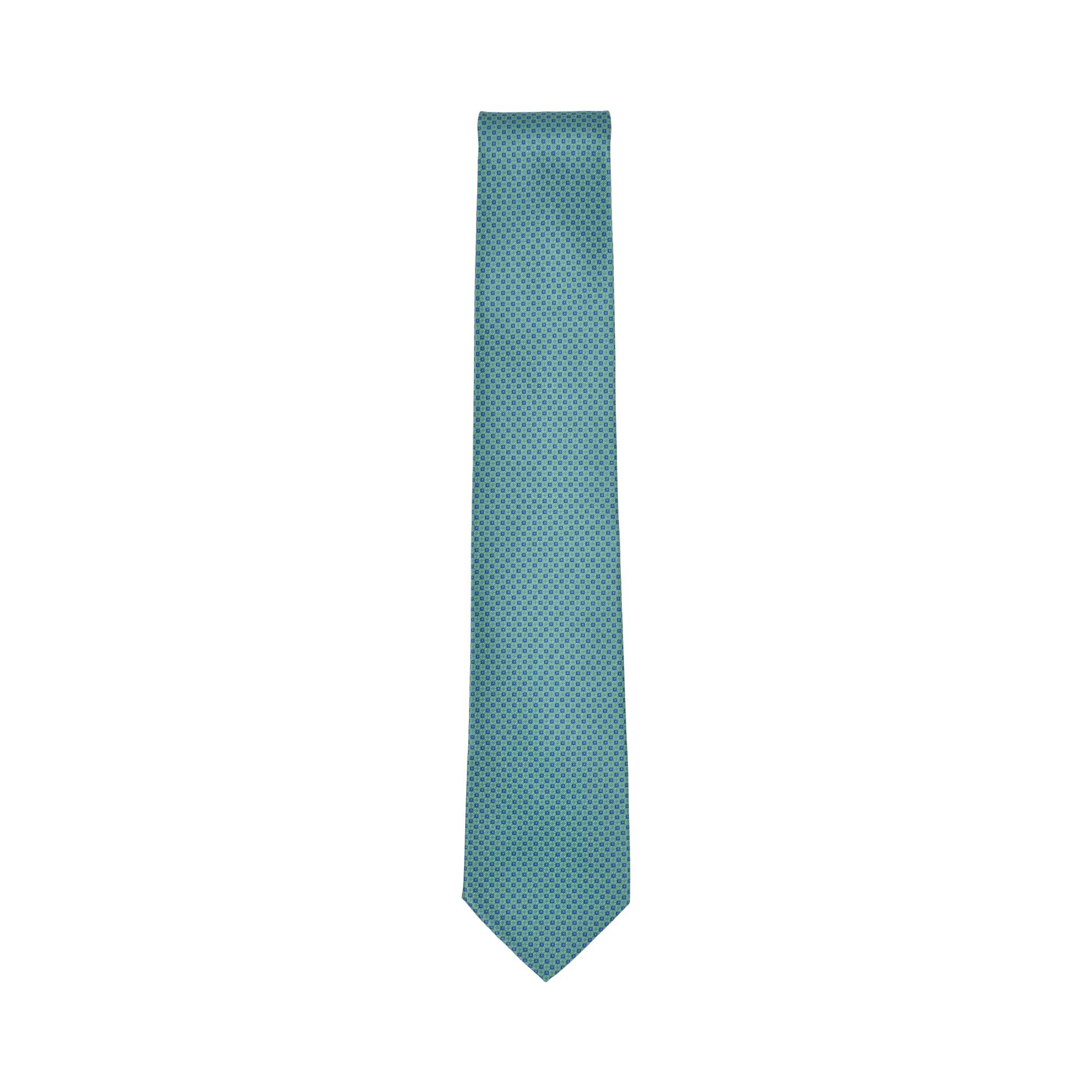 Teal blue necktie with a repeating small geometric pattern in a lighter blue hue, featuring a pointed tip.