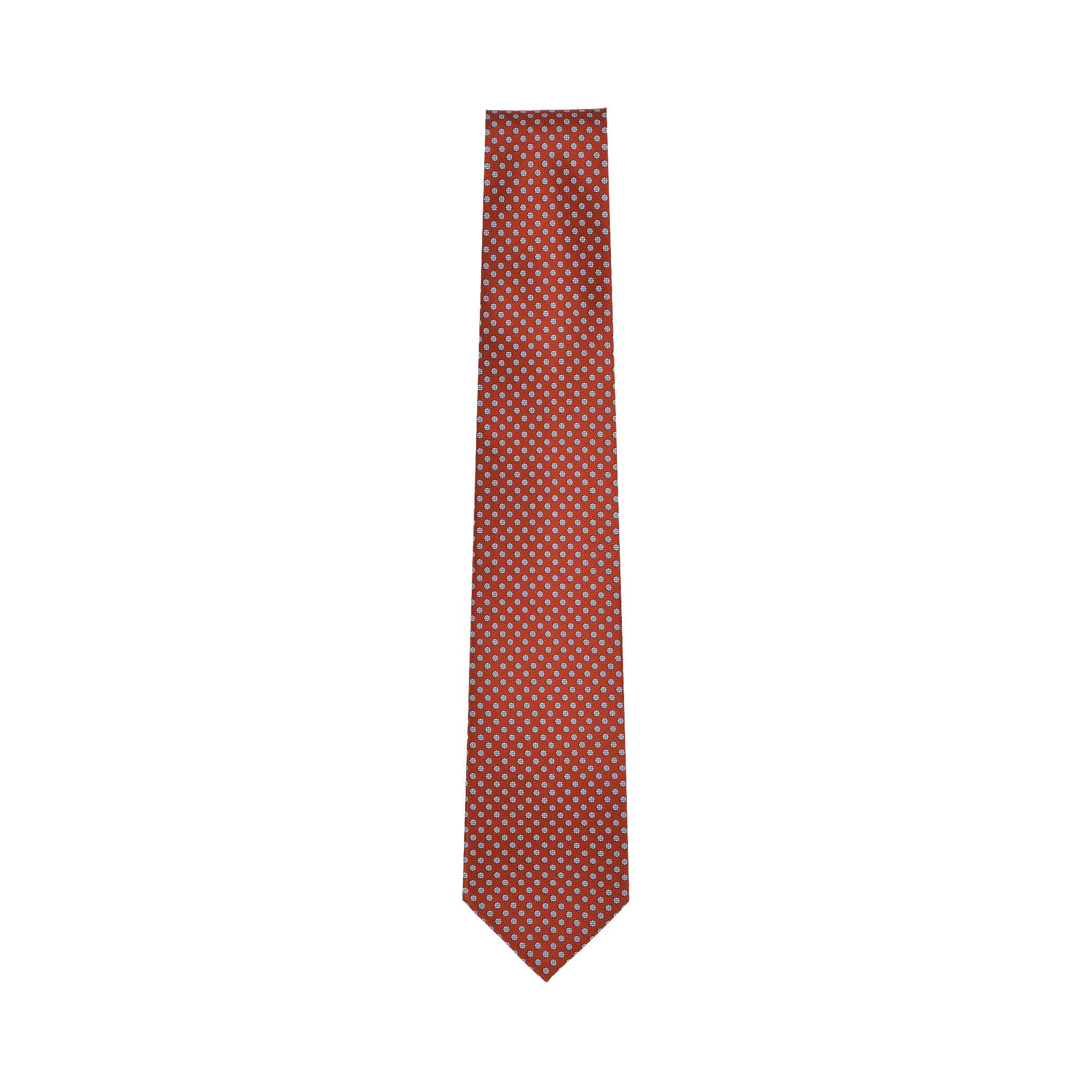 Red necktie with a repeating light grey micro-pattern, featuring a classic tapered shape and pointed tip.