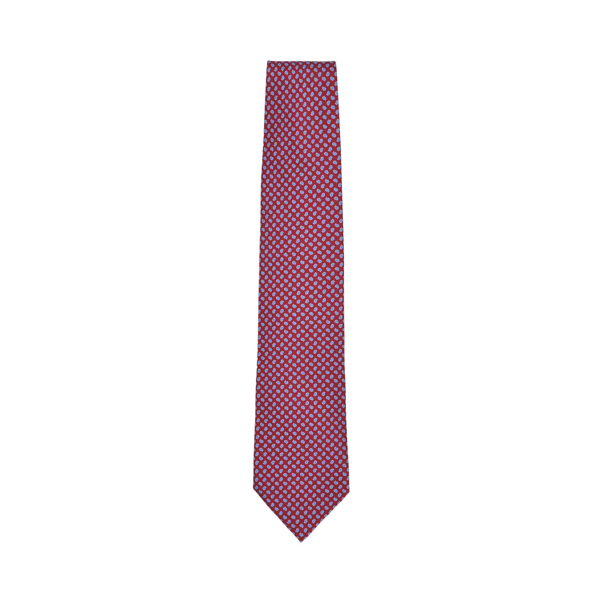 Red and blue patterned silk necktie with a pointed end.