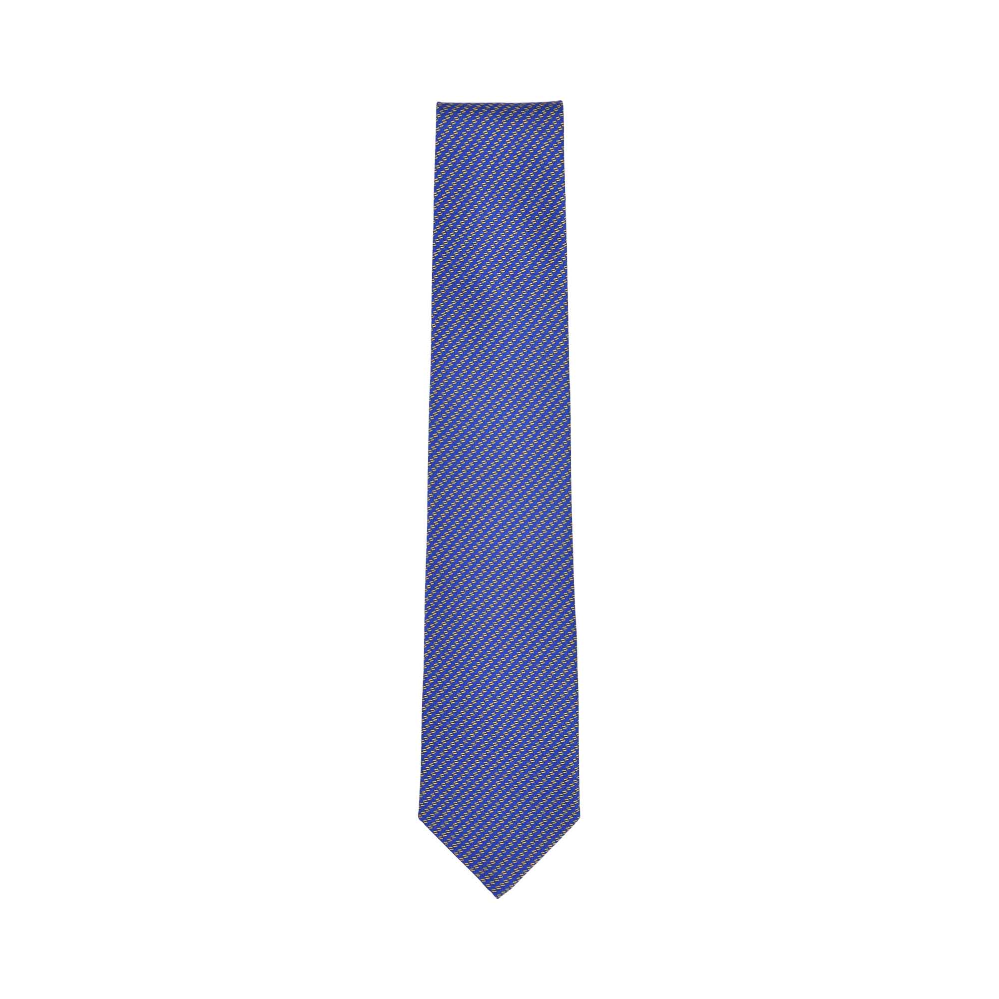 Blue tie with a subtle gold geometric woven pattern