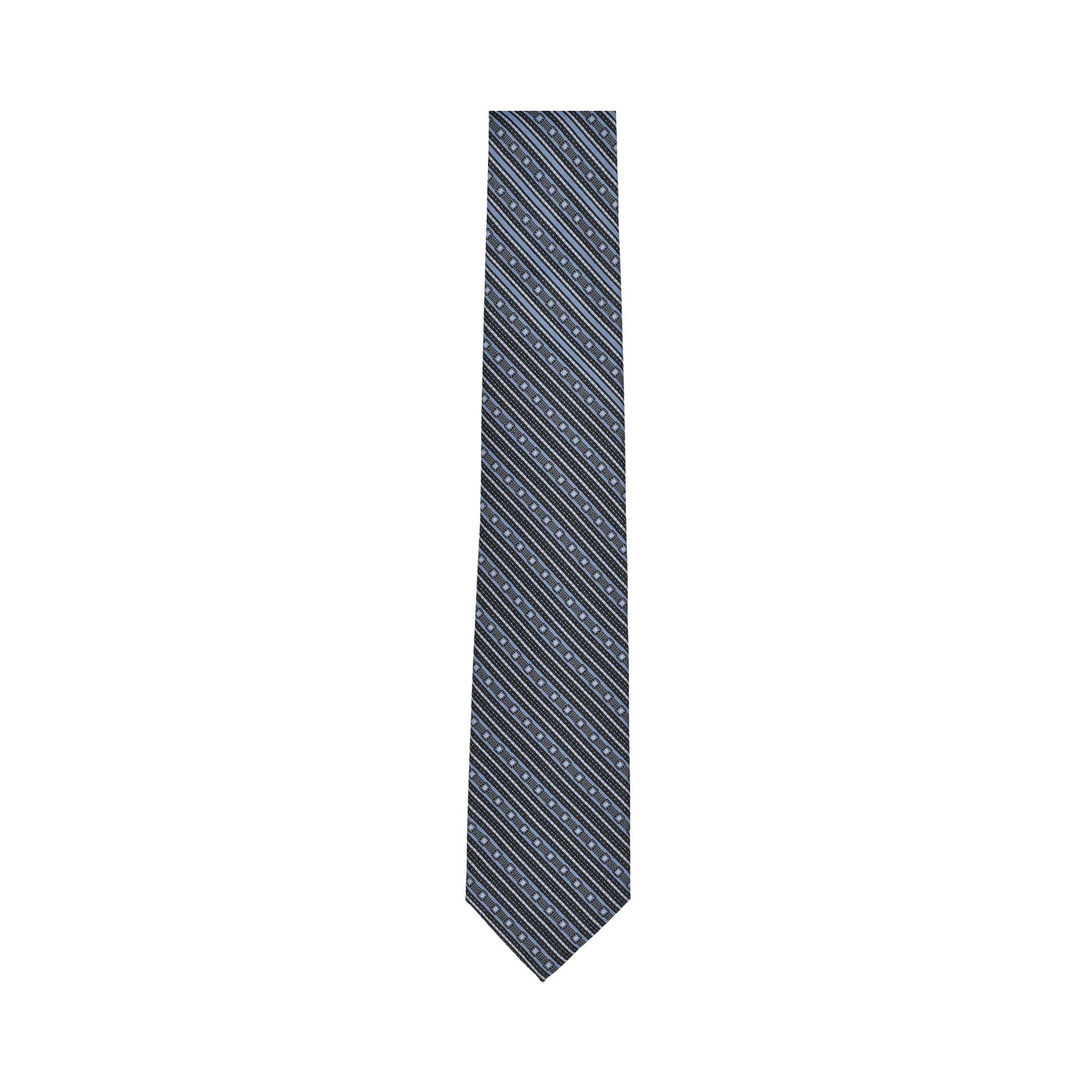 Navy blue and light blue striped tie with white polka dots, featuring a classic tapered shape and pointed tip.