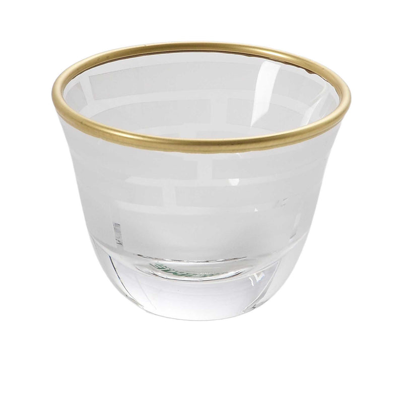 Close-up of a single crystal tumbler highlighting the intricate hand-painted 24k gold Baroque scrollwork.