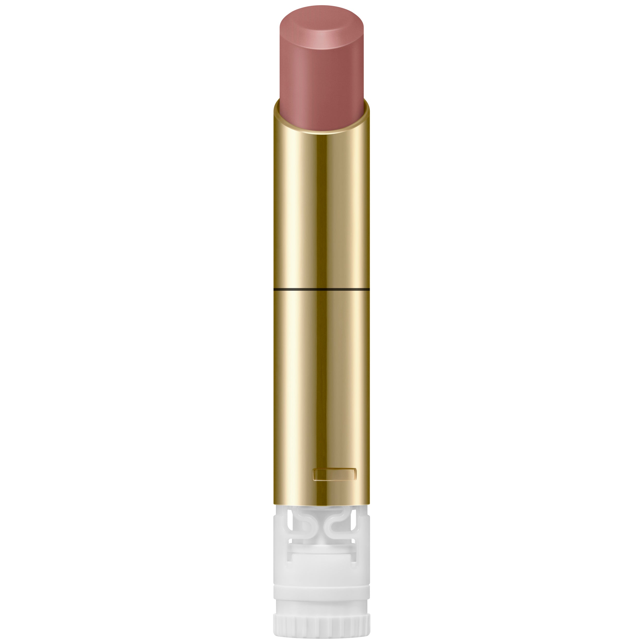 Lipstick with gold casing and white cap on a white background.