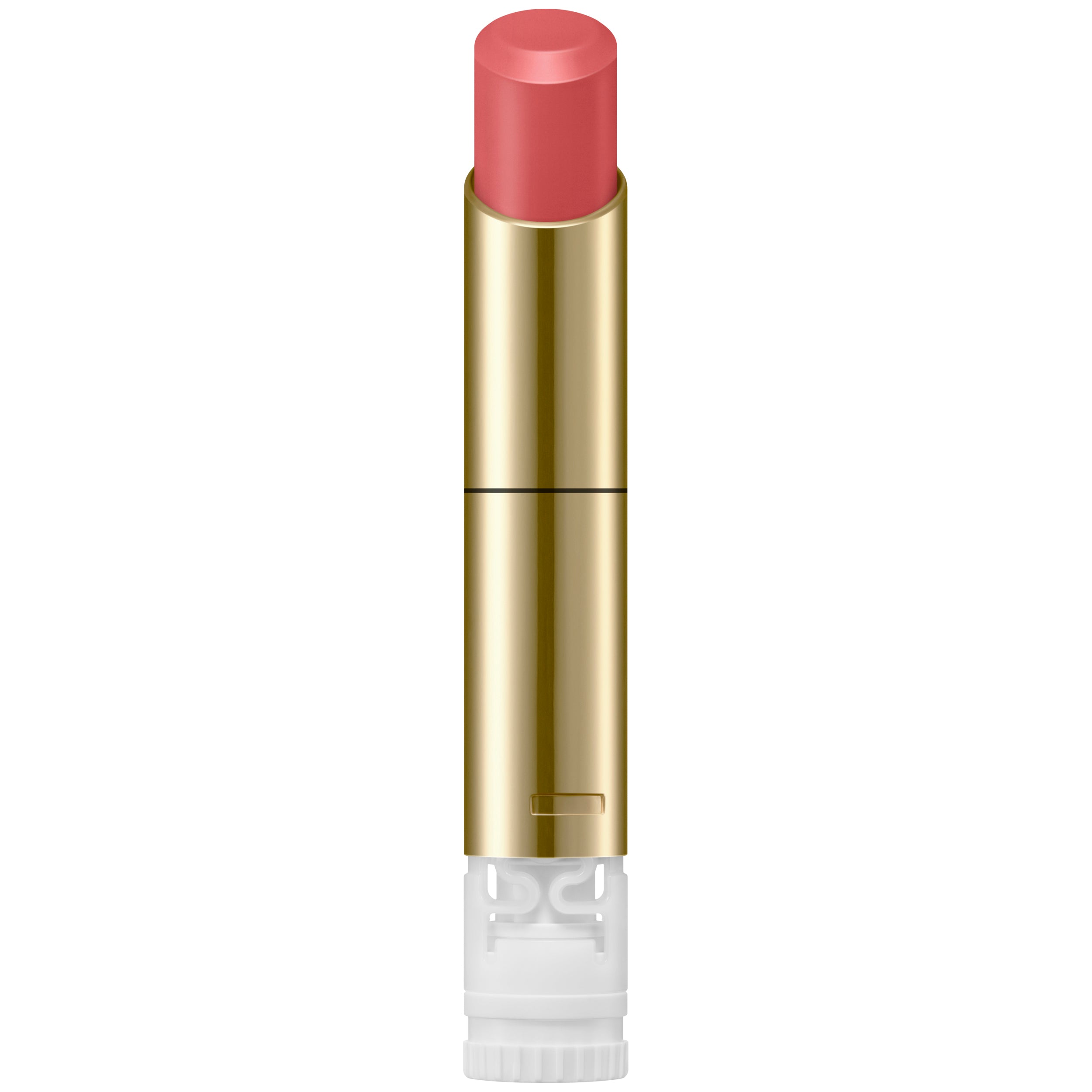 Lipstick with gold casing and pink shade on a white background.