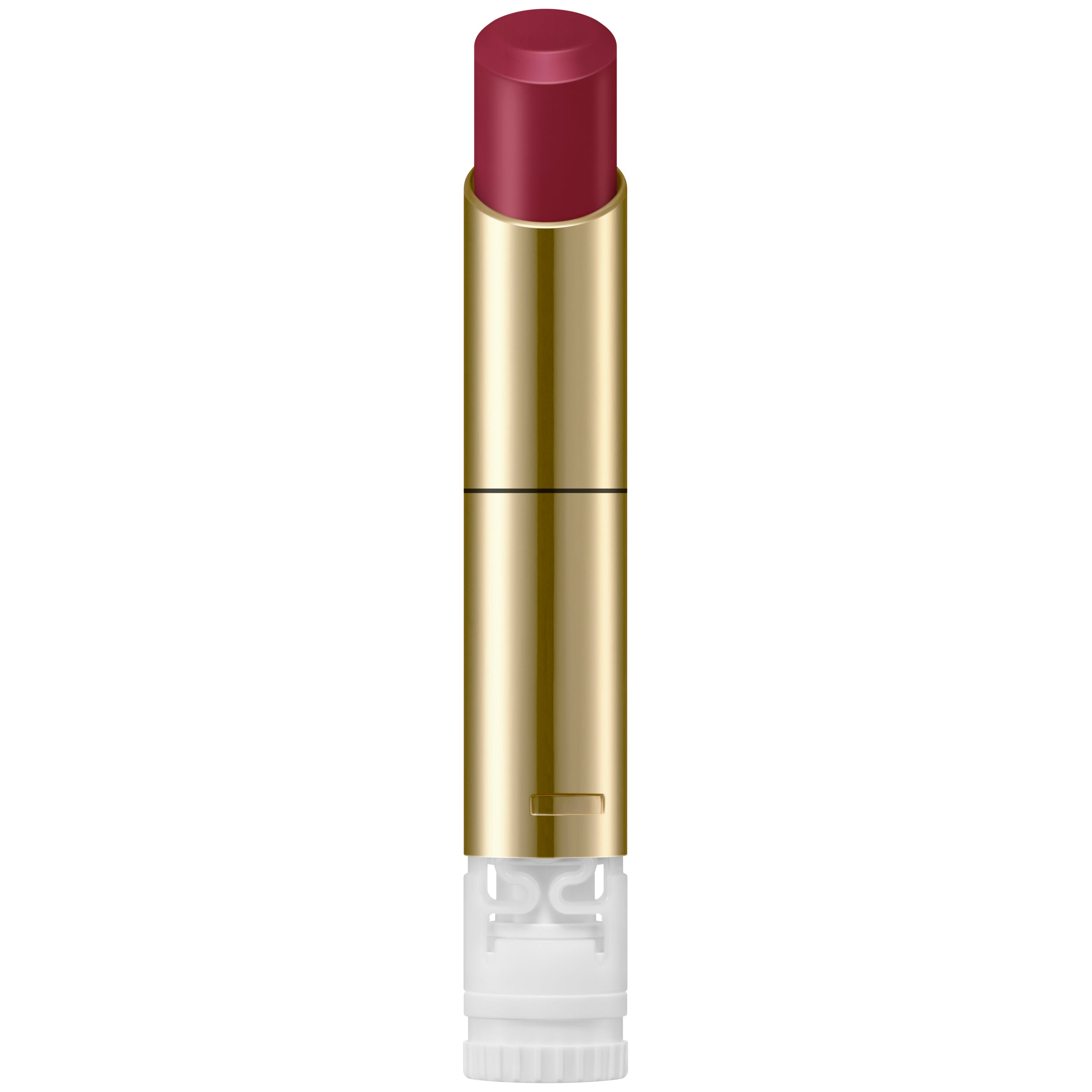 Lipstick with gold casing and purple shade on a white background.