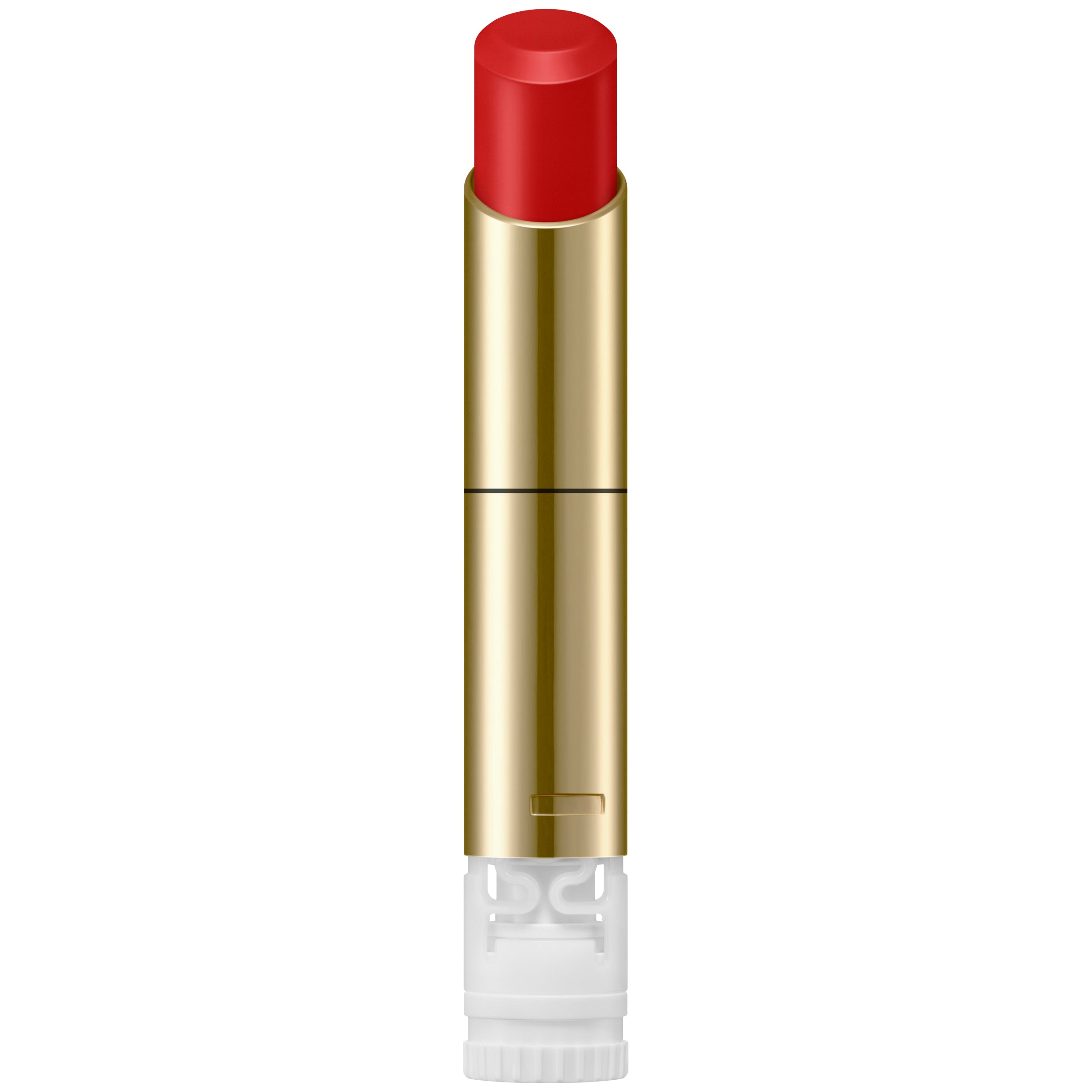 Red lipstick with gold casing on a white background.