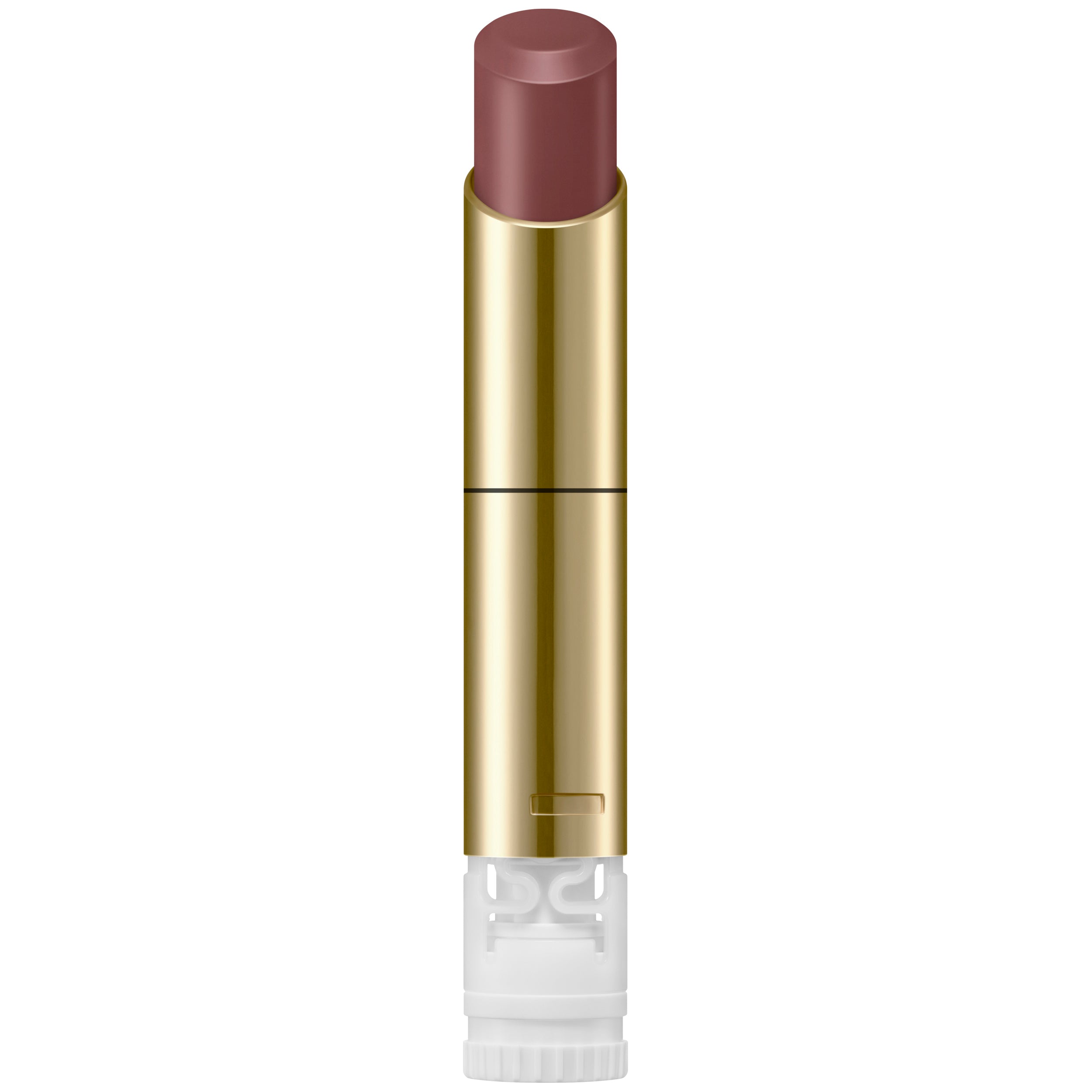 Lipstick with gold casing and white base on a white background.
