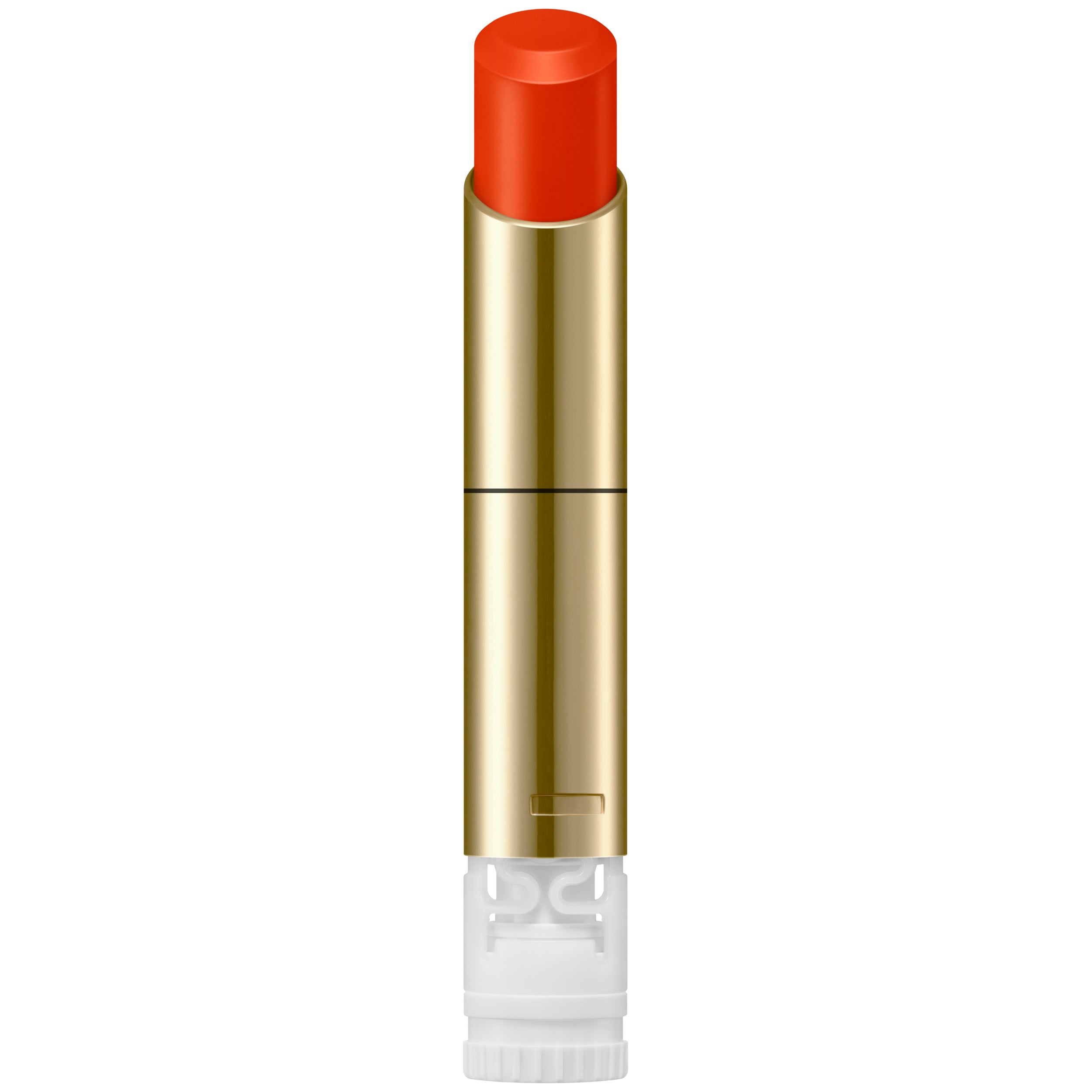 Lipstick with gold casing and red lipstick on a white background.