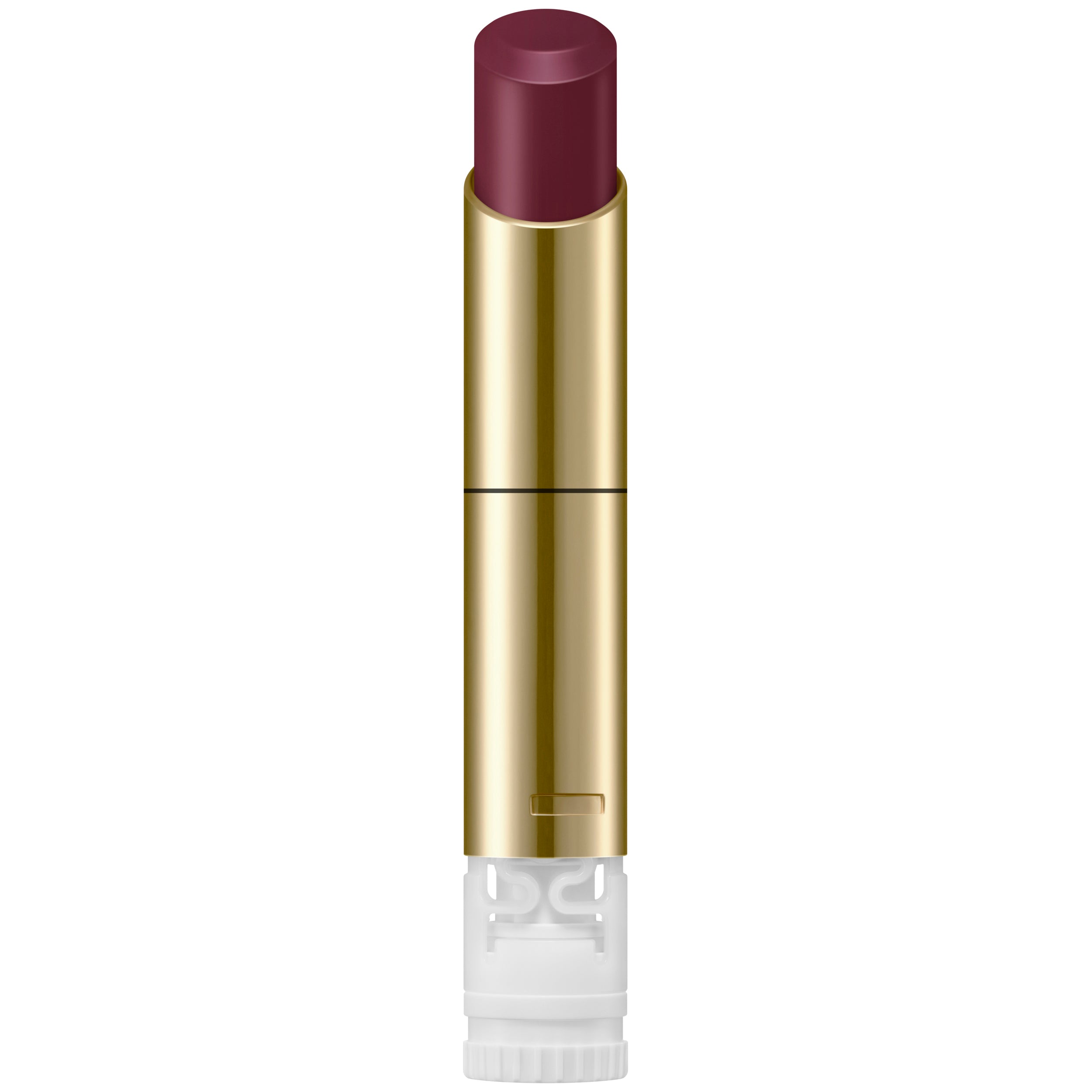 Sensai Lipstick with gold casing and purple shade on a white background. available in Blue Salon.