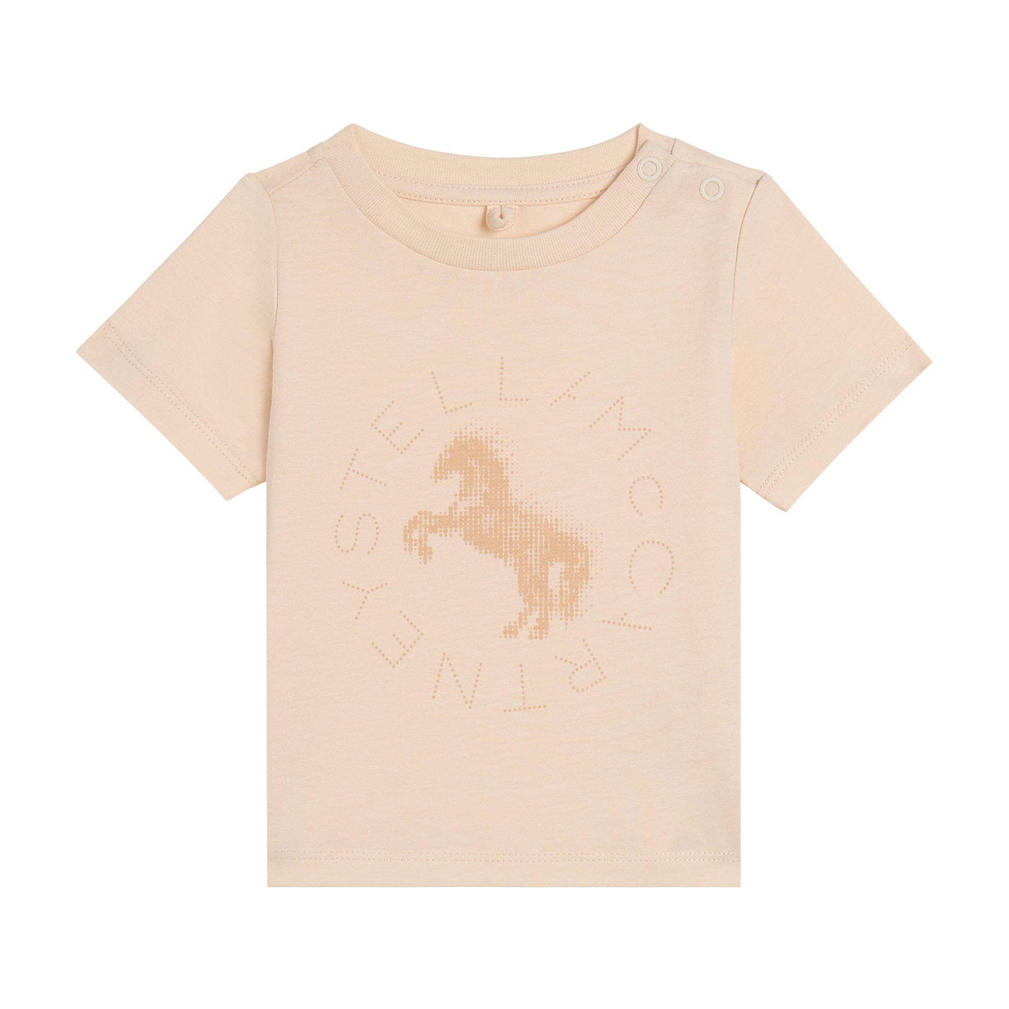 Ivory short-sleeved baby t-shirt with a crew neck and two shoulder snap buttons. Features a central light brown rearing horse