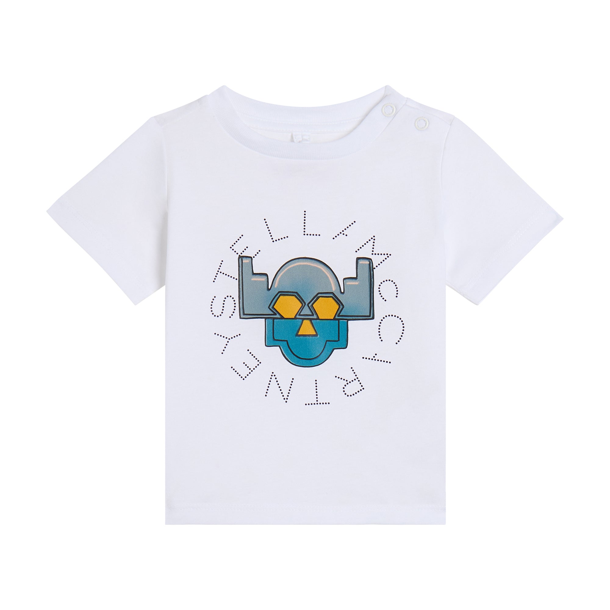 White short-sleeved baby t-shirt with a blue and yellow stylised skull graphic print on the front.