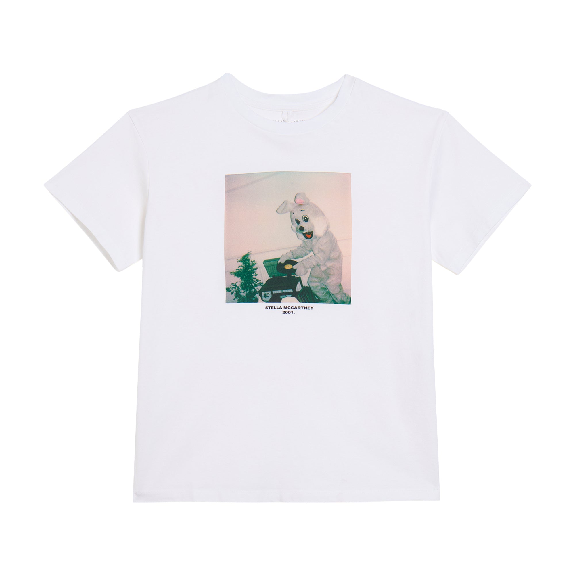 White short-sleeved T-shirt with a square graphic print of a bunny character and "STELLA MCCARTNEY 2001." text.