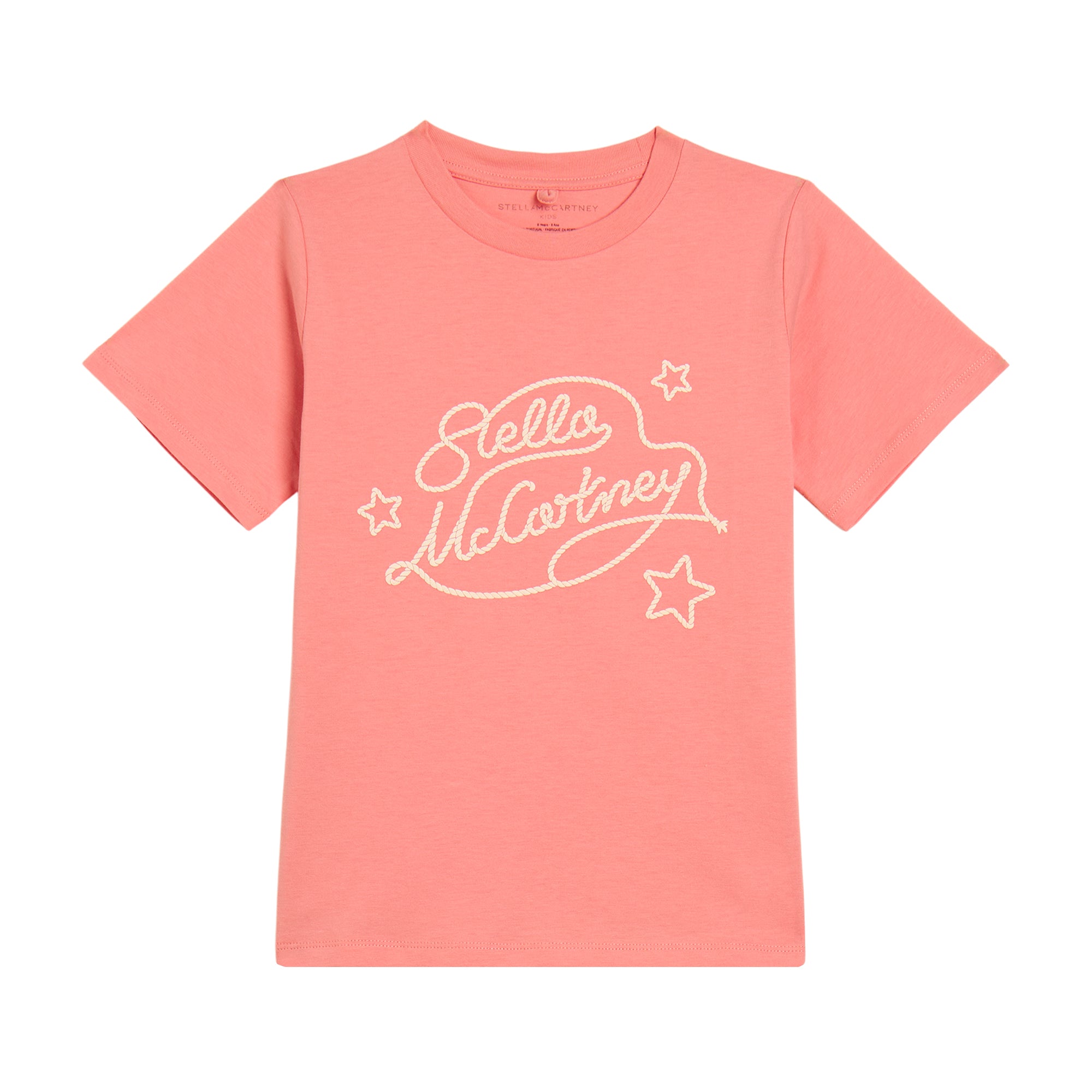 Pink short-sleeved T-shirt with an embroidered Stella McCartney logo and star outlines on the front.