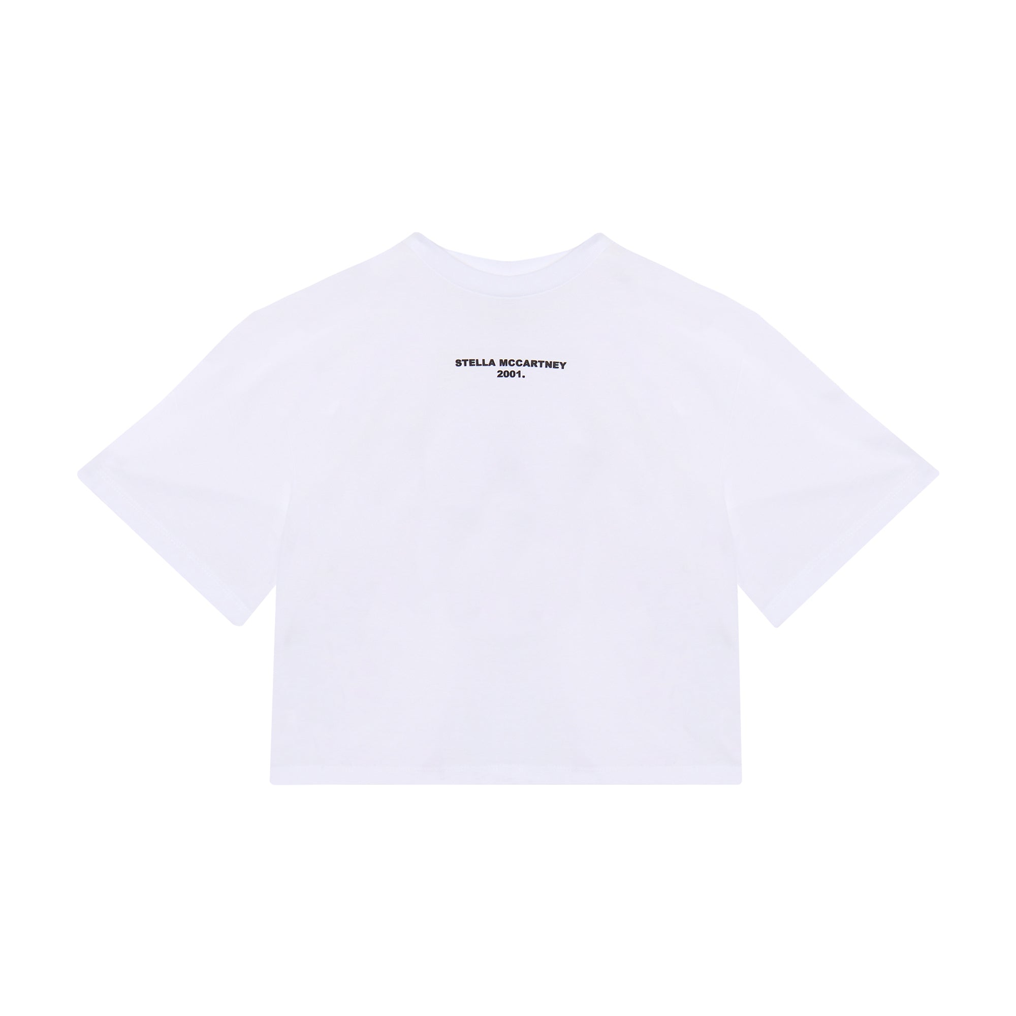 White short-sleeved T-shirt with 'STELLA MCCARTNEY 2001.' text printed on the front