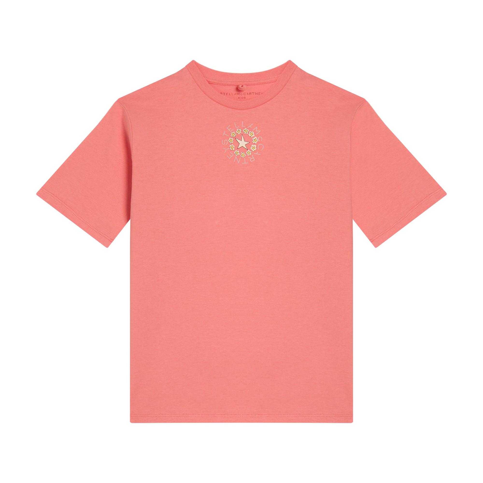 Pink crew neck t-shirt with short sleeves and a gold-toned star and floral graphic on the chest.