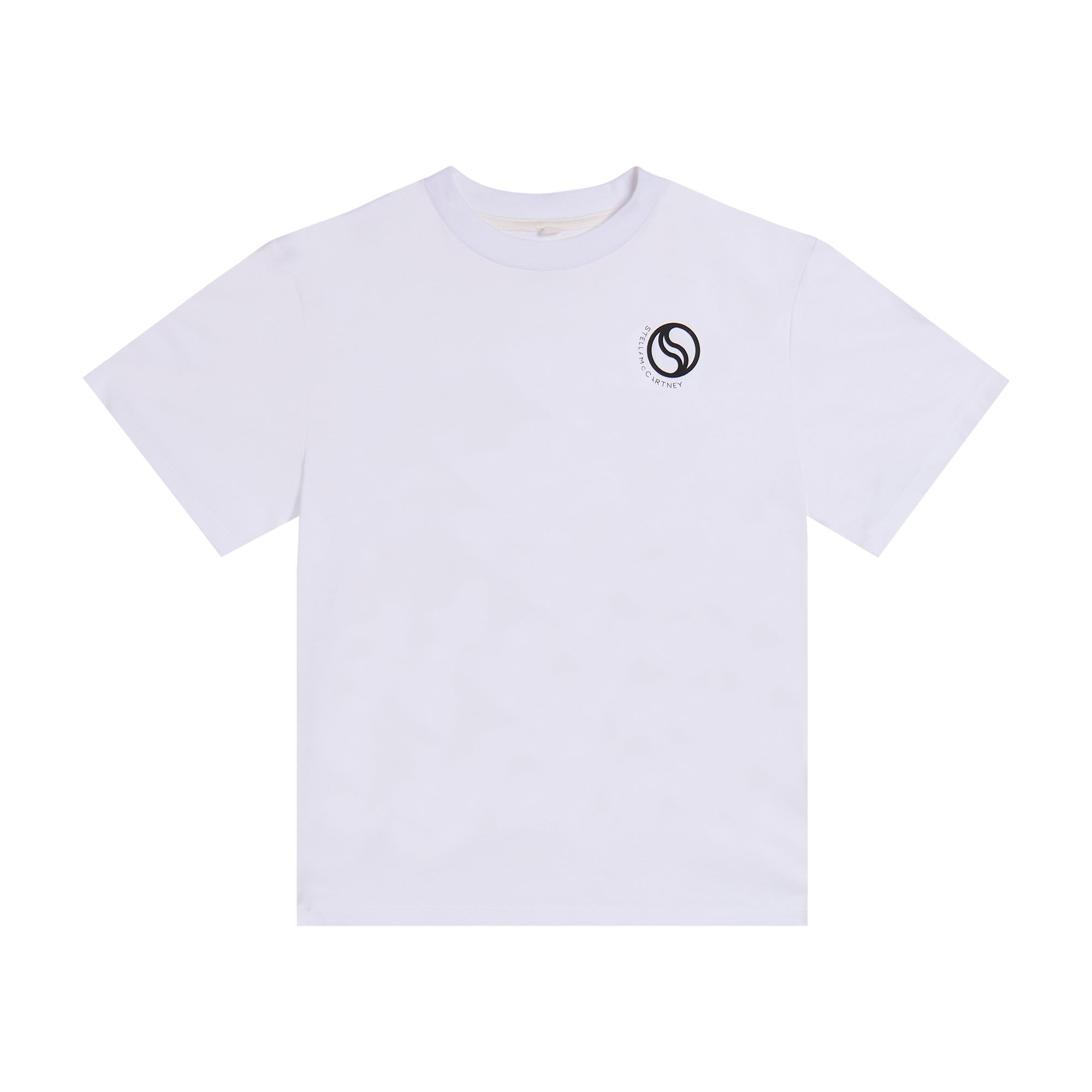 White short-sleeved T-shirt with a ribbed crew neck and a black circular Stella McCartney logo on the left chest.
