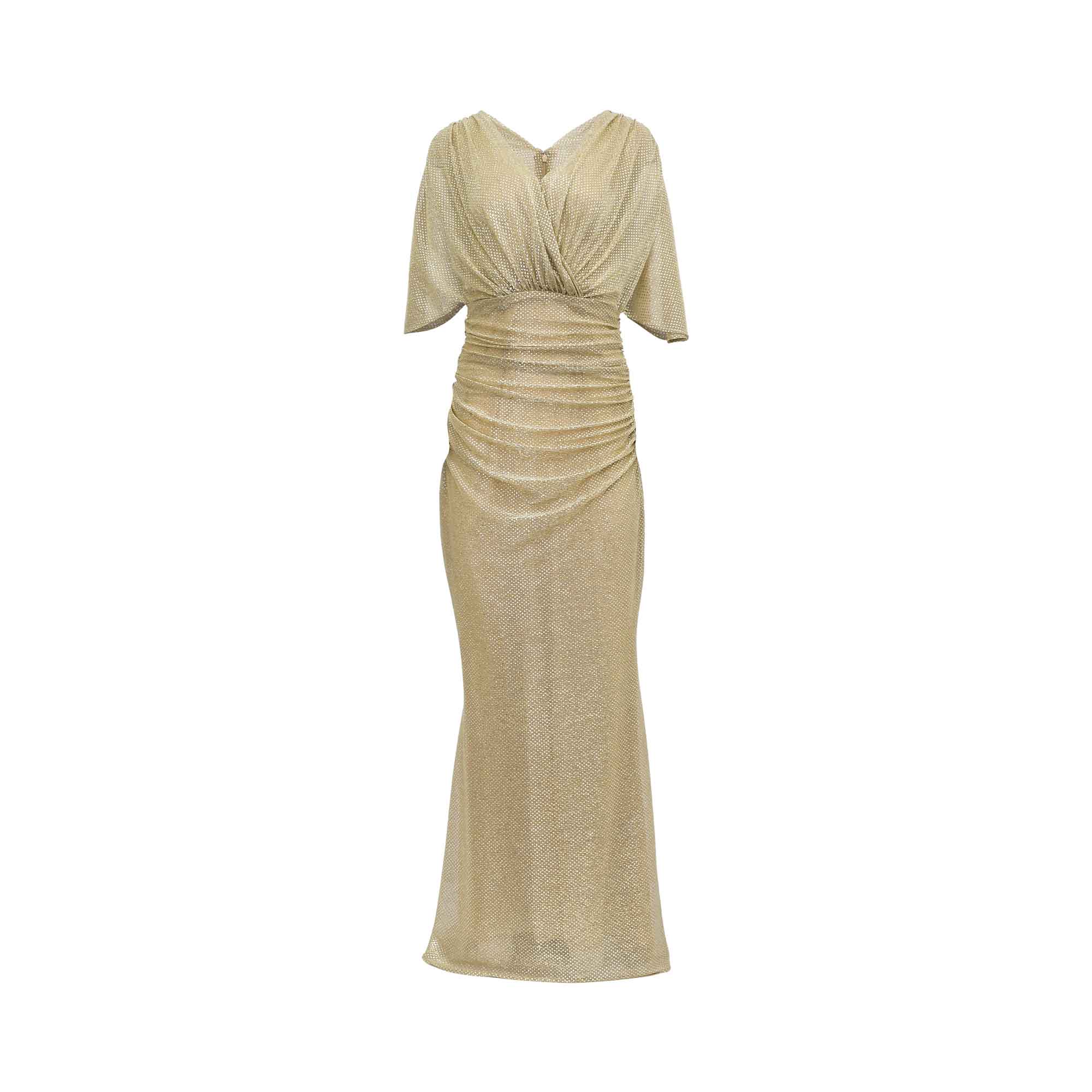 Front view of a gold metallic Talbot Runhof evening gown featuring short flutter sleeves, a V-neckline, and intricate ruching through the waist and skirt.