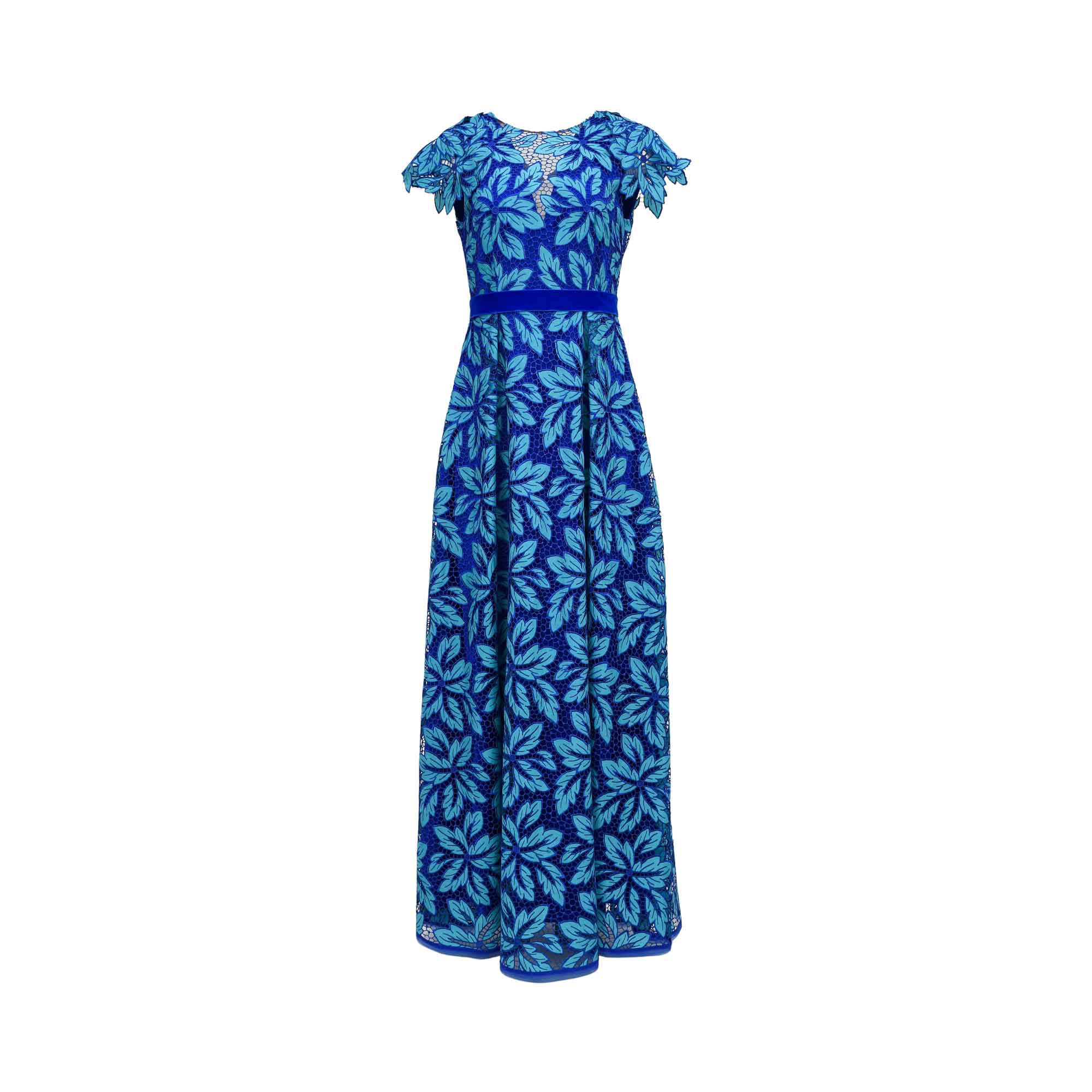 Front view of a floor-length Talbot Runhof gown in blue guipure lace featuring a leaf pattern, cap sleeves, and a velvet waistband.
