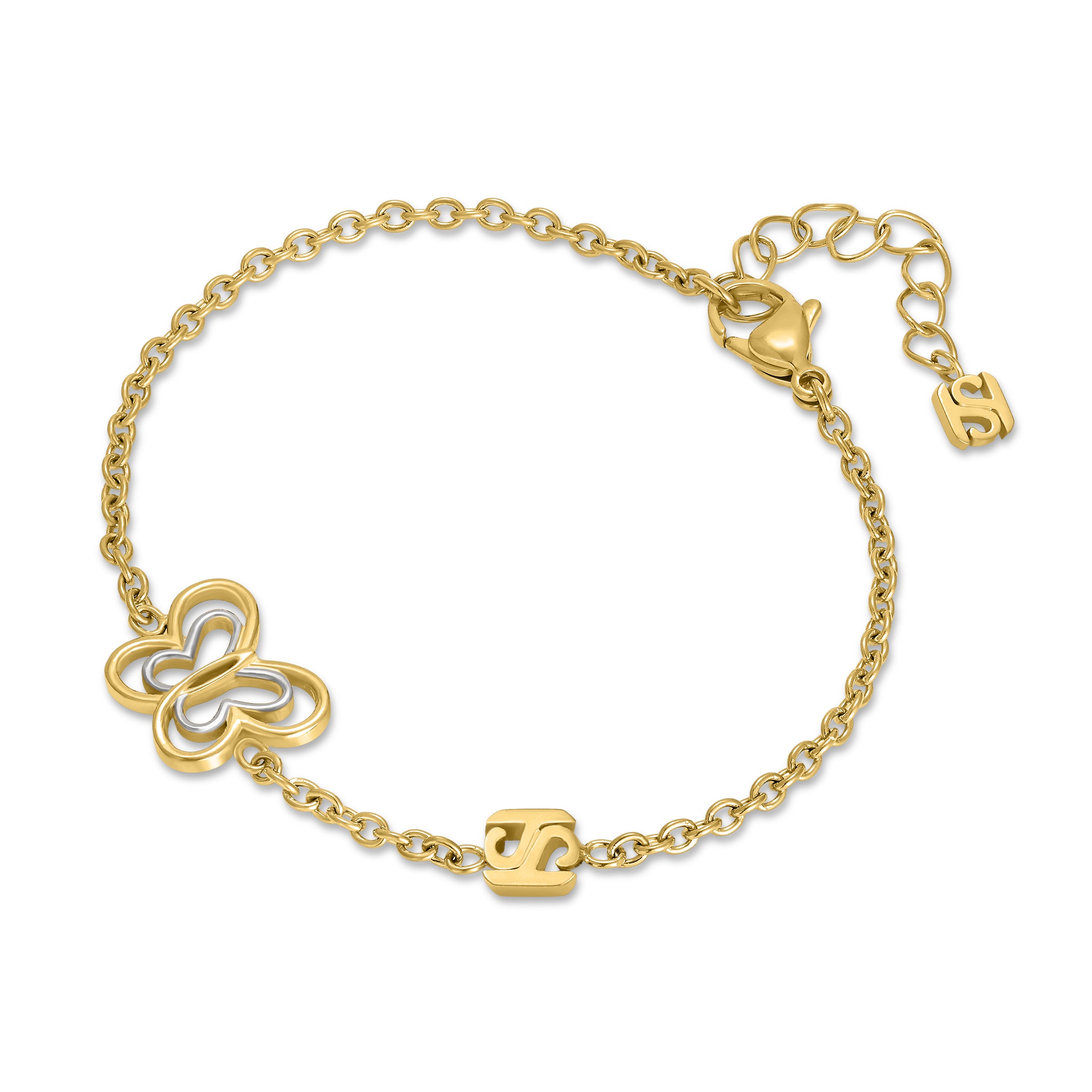 A three-quarter perspective studio view of the Saint Honoré Orsay gold-plated chain bracelet resting on a white surface, showcasing the two-tone butterfly station, central SH logo link, and lobster clasp extender.