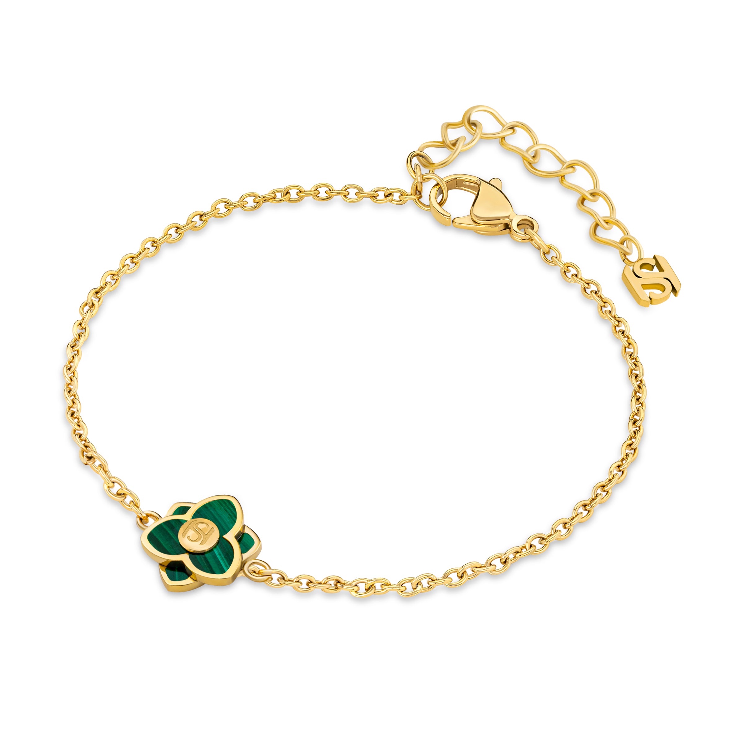 A three-quarter perspective studio shot of the Saint Honoré Burj gold-plated chain bracelet on a clean white surface, highlighting the layered green malachite flower motif, lobster clasp, and SH logo charm.