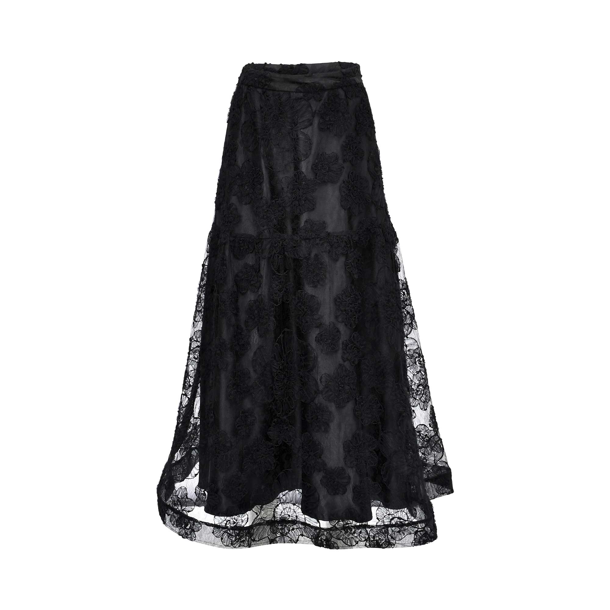Front view of a TUBA ERGIN black maxi skirt featuring 3D floral lace appliqués and a sheer tiered hem on a white background.