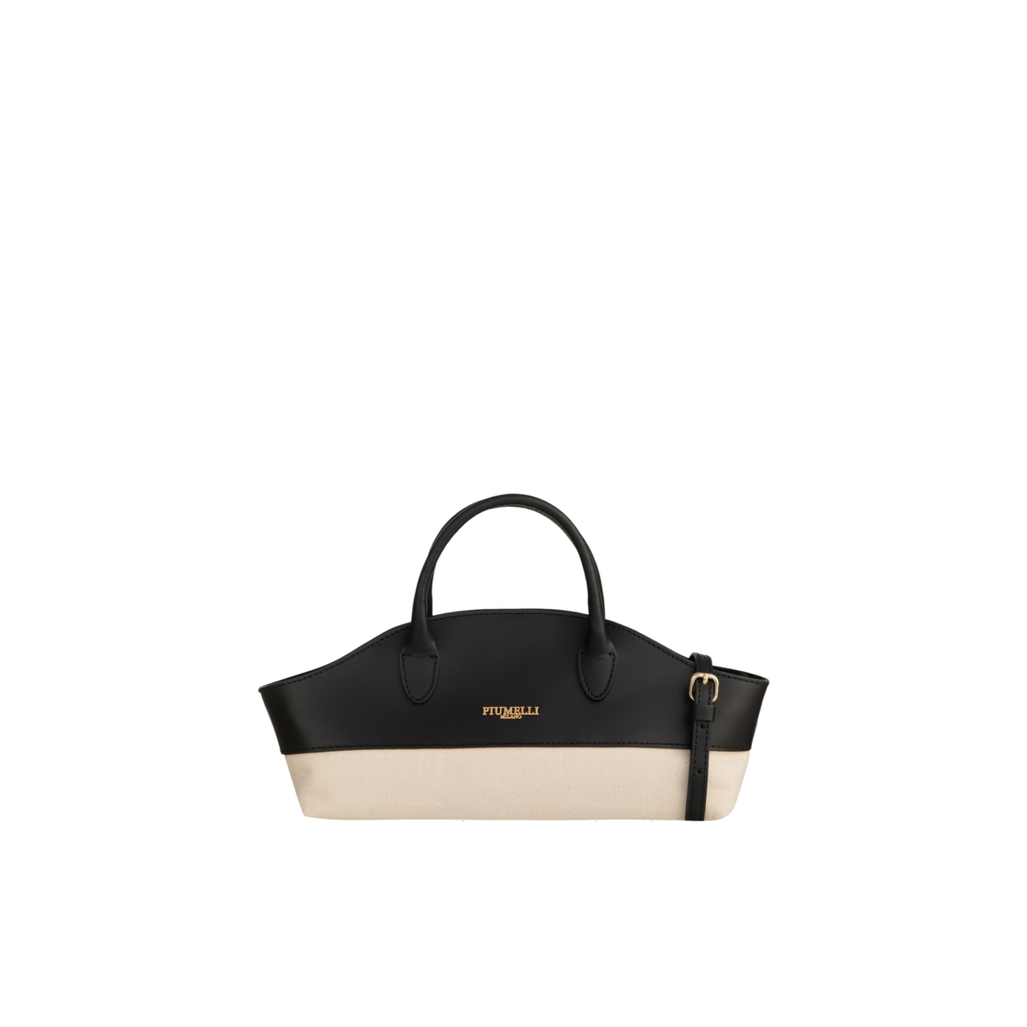 PIUMELLI Vela structured handbag in black leather and beige fabric, with two top handles and a gold-toned buckle.