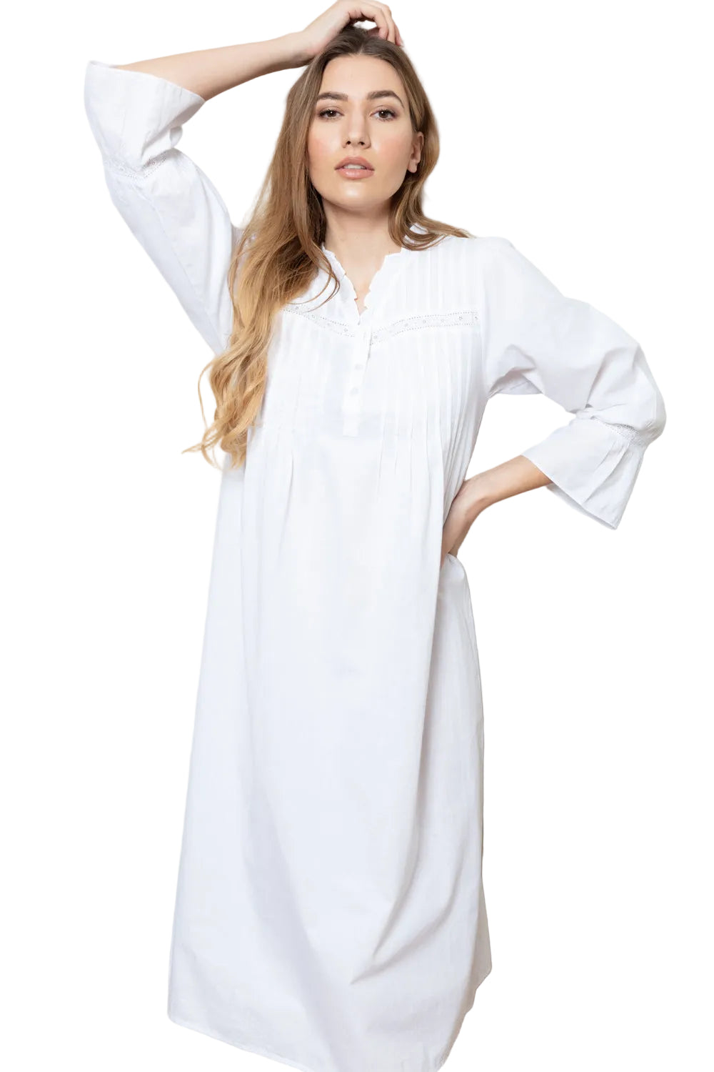 White long-sleeved nightdress with pintuck pleats on the bodice, a partial button placket, and lace trim at the neckline and