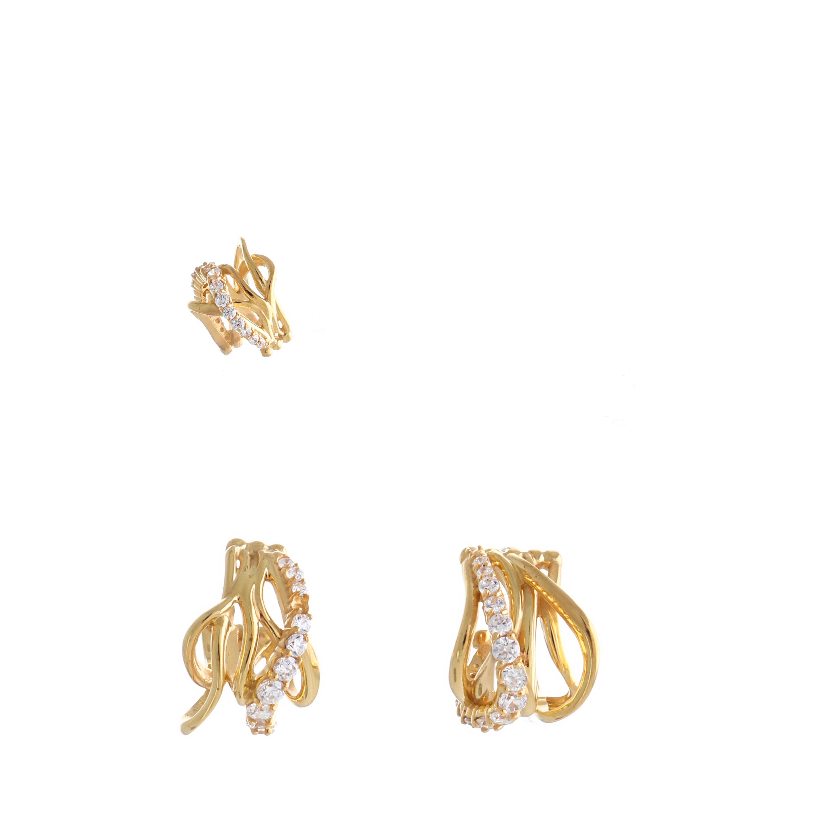 Three gold-toned multi-wave ear cuffs, each embellished with a row of clear cubic zirconia stones.