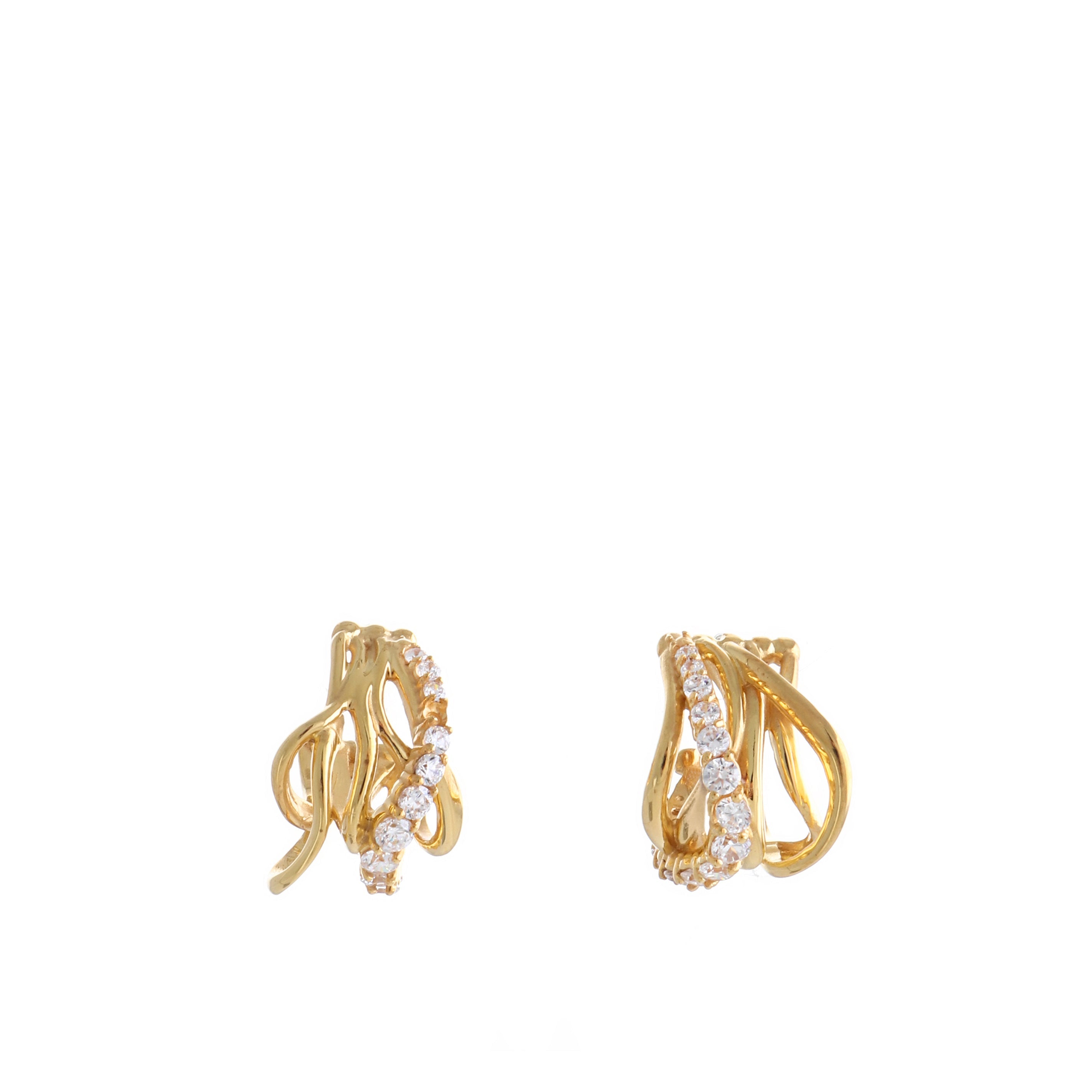 Pair of gold-toned multi-wave hoop earrings with a row of clear pave stones set along one of the curved bands.