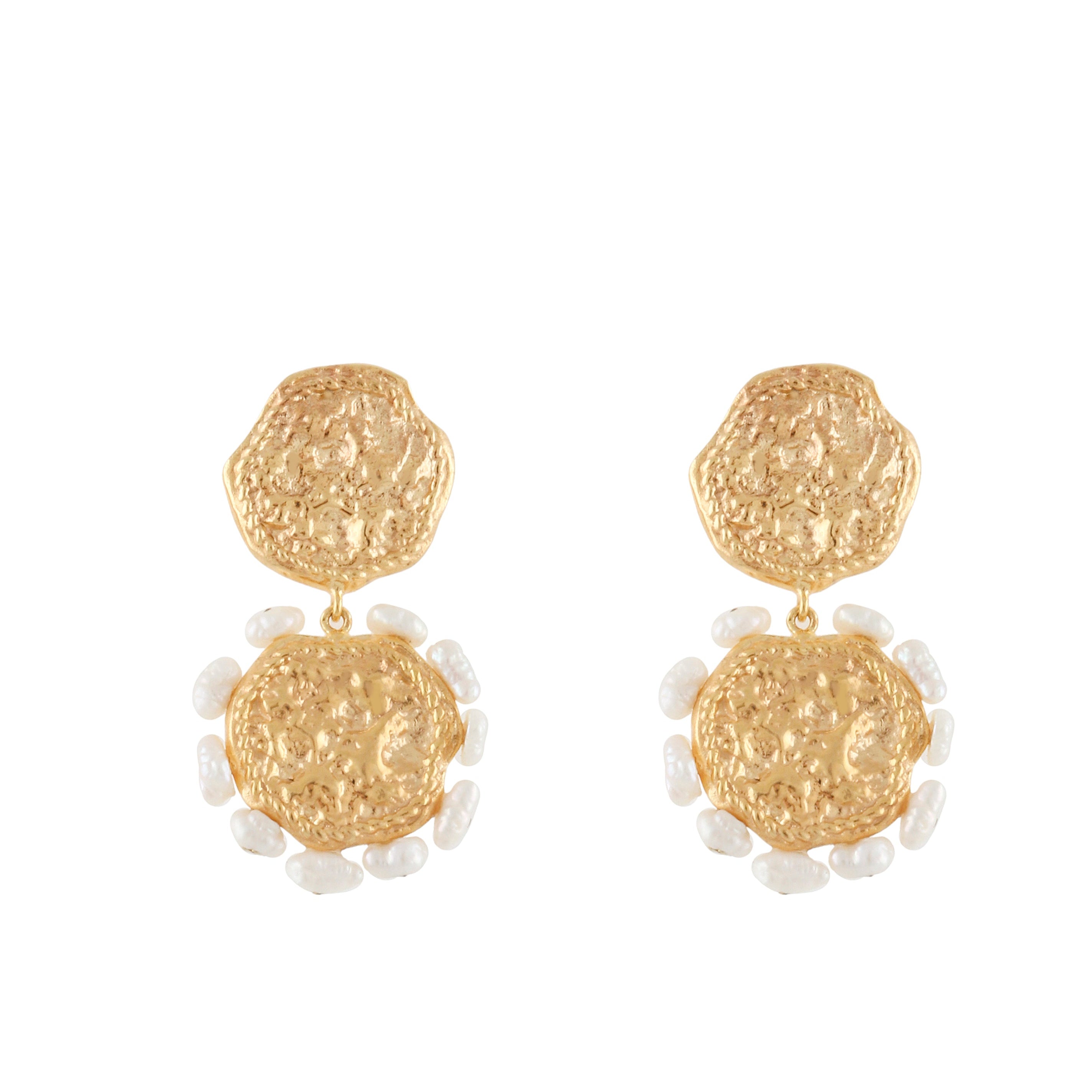 Pair of gold-toned drop earrings with textured, irregular discs and a border of small white cultured pearls.