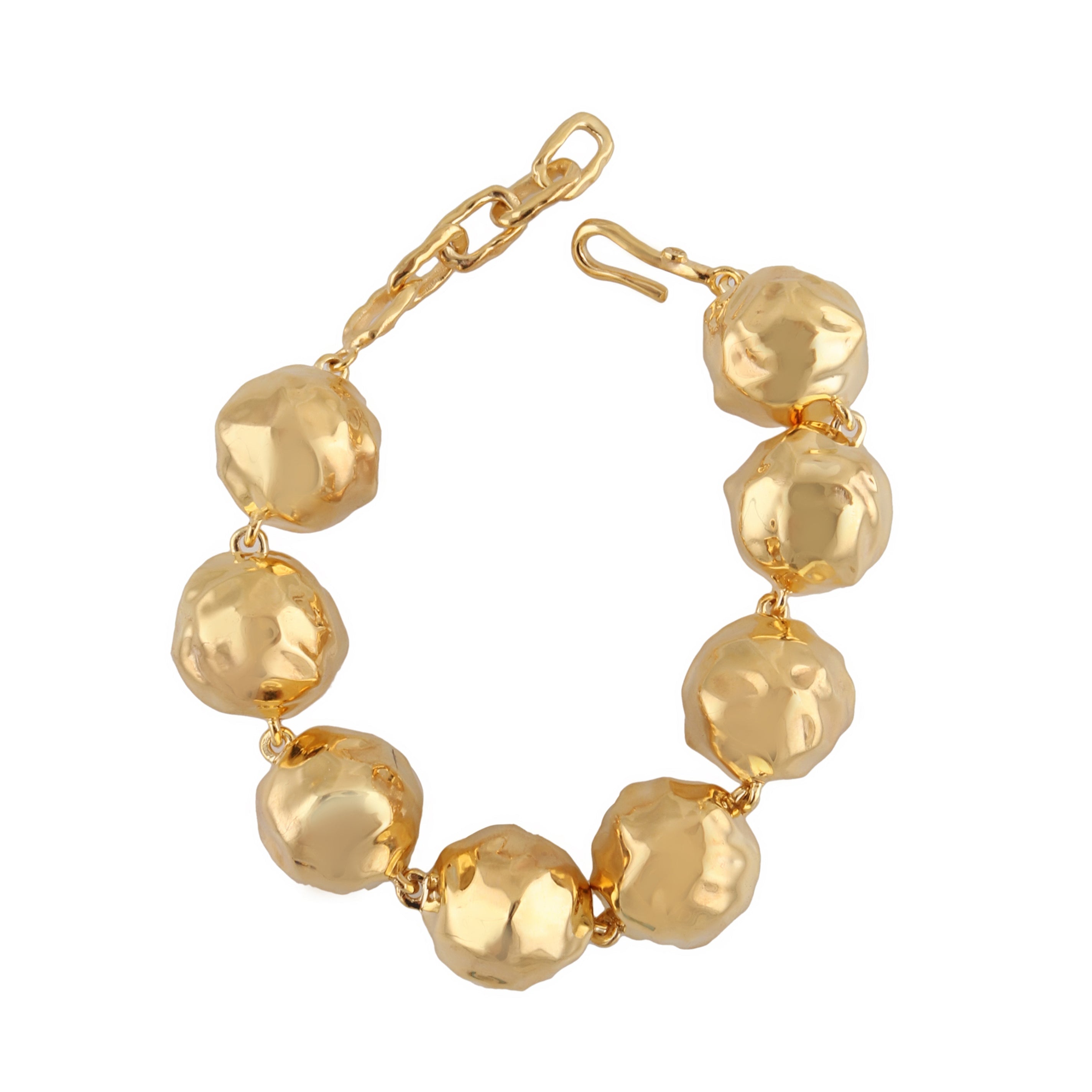Gold-toned bracelet featuring eight large, hammered, irregular orbs linked together, with a chain extension and hook clasp.