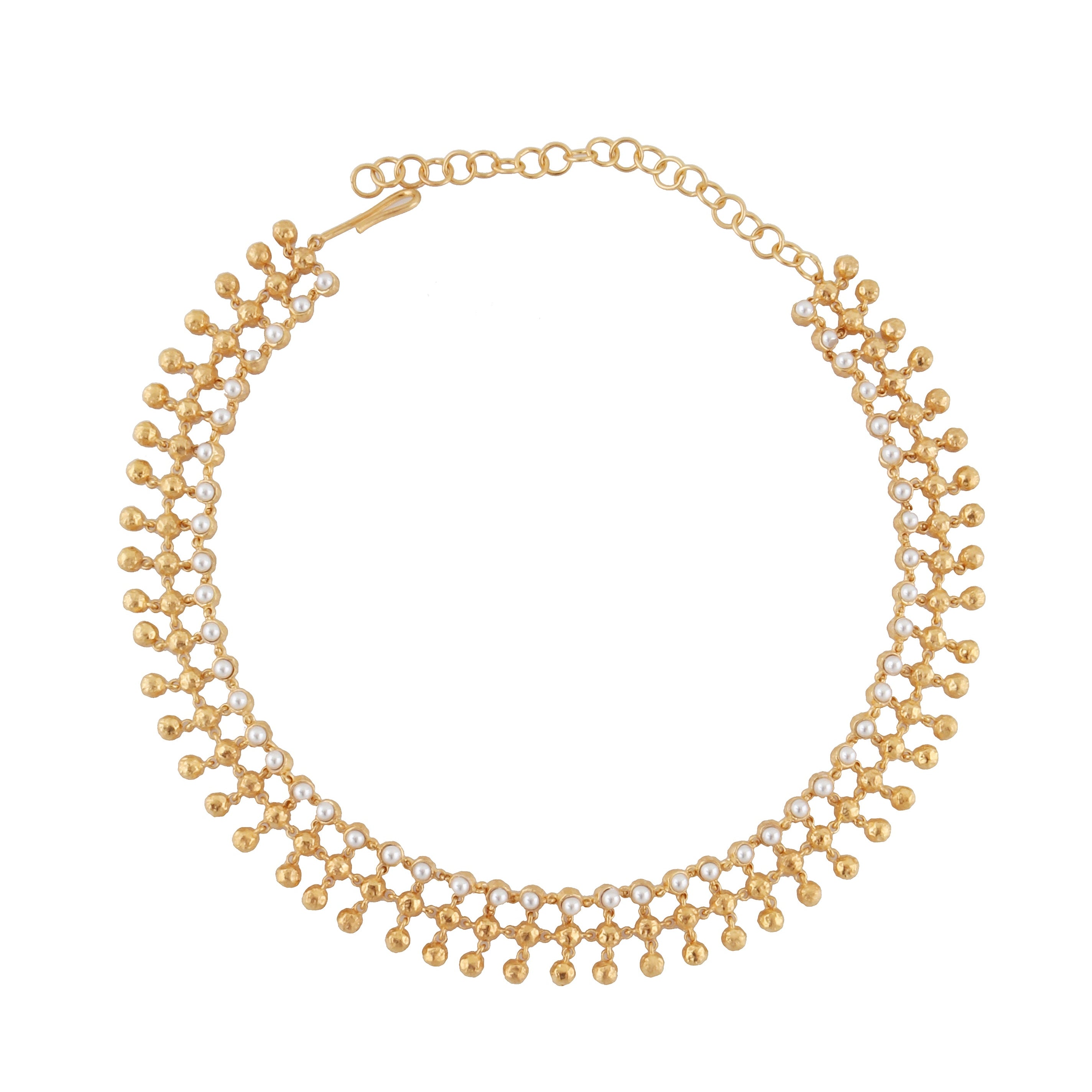 Gold-toned mesh orbs choker necklace with small white pearls and an adjustable chain extender with a hook clasp.