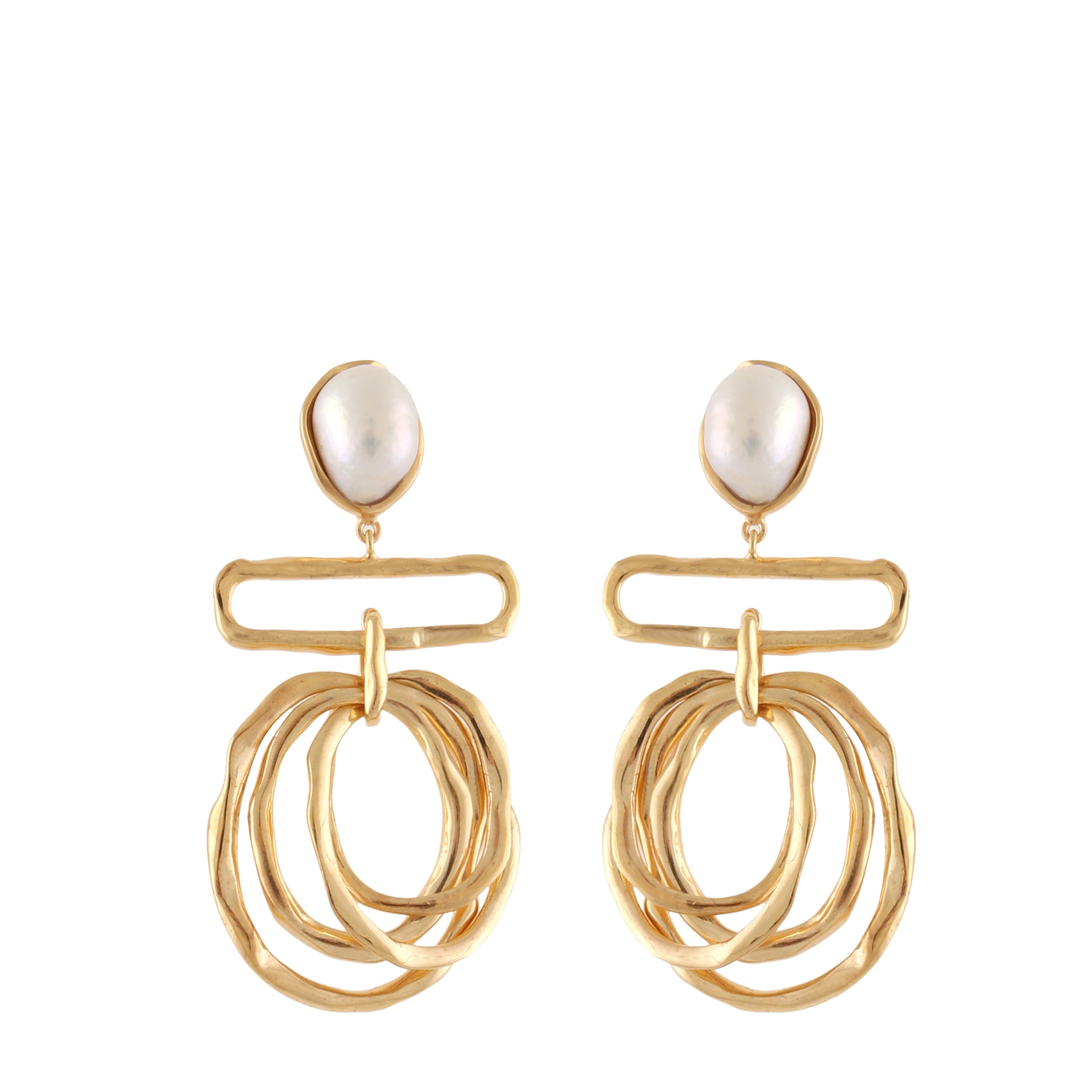Pair of gold-toned multi-wave drop earrings, each featuring an irregular white pearl stud and textured, organic rings.