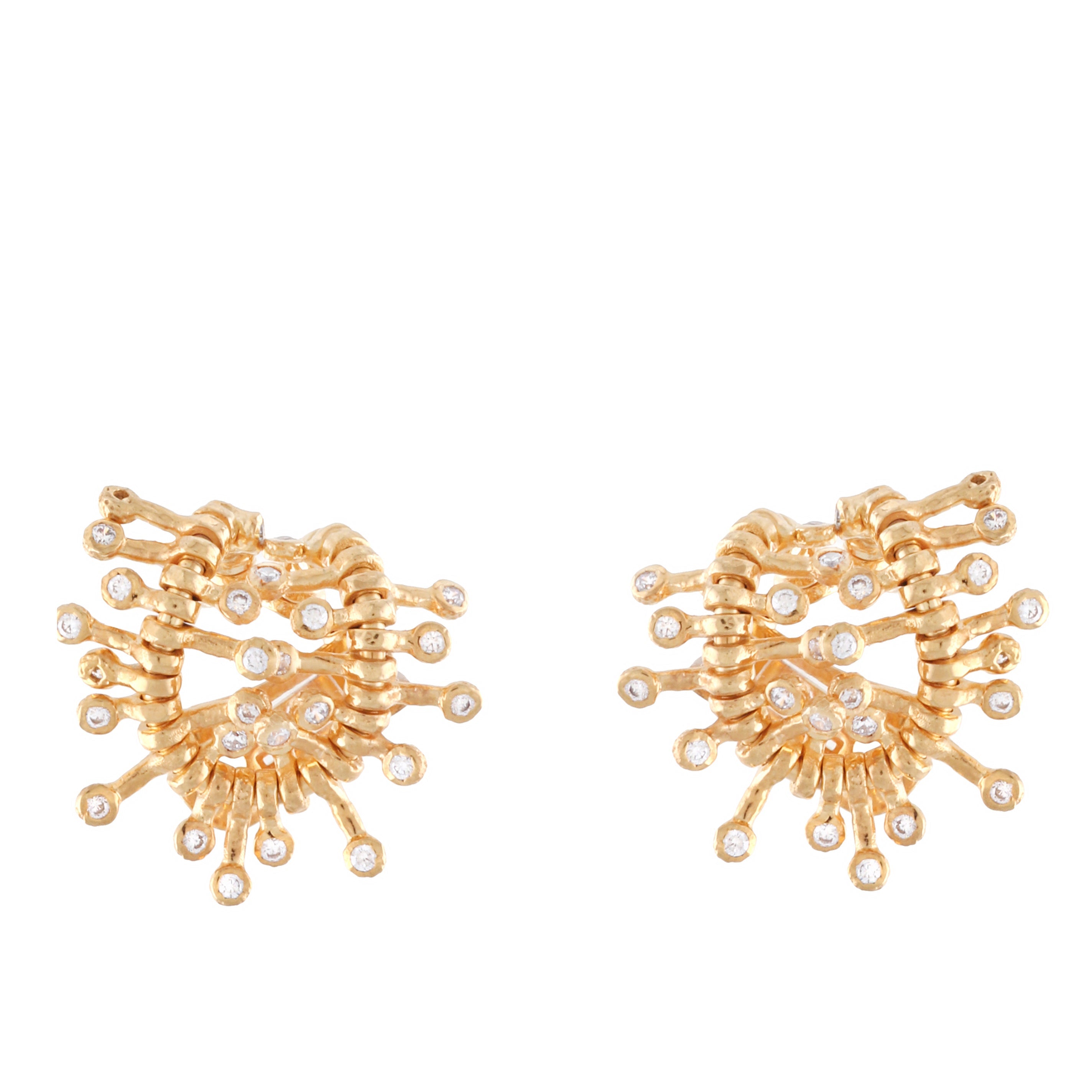 Pair of gold-toned stud earrings with a sculptural wave design, each embellished with multiple clear, round stones.