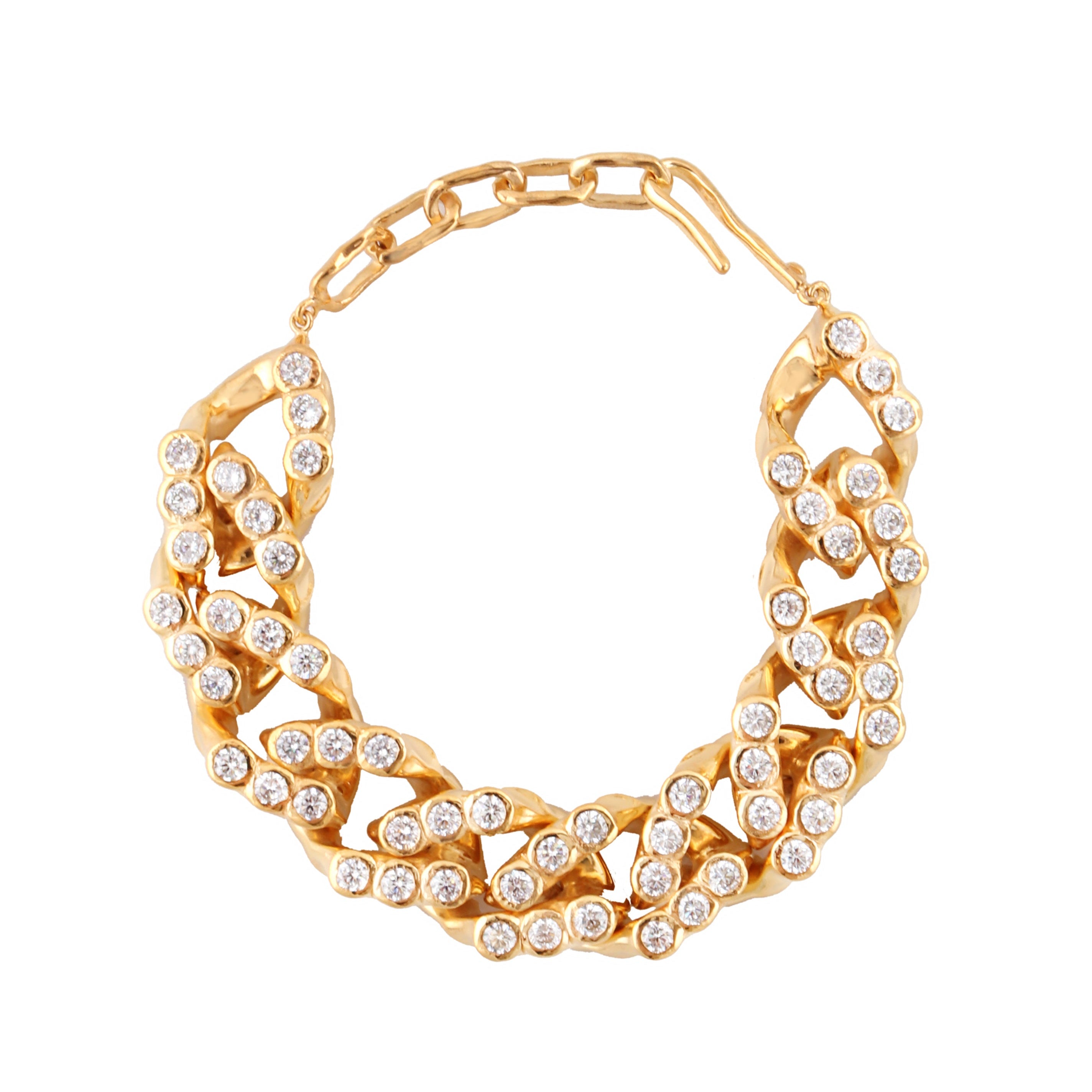 Gold-toned chunky chain bracelet with irregular links, each adorned with multiple clear, round stones, and a hook clasp.
