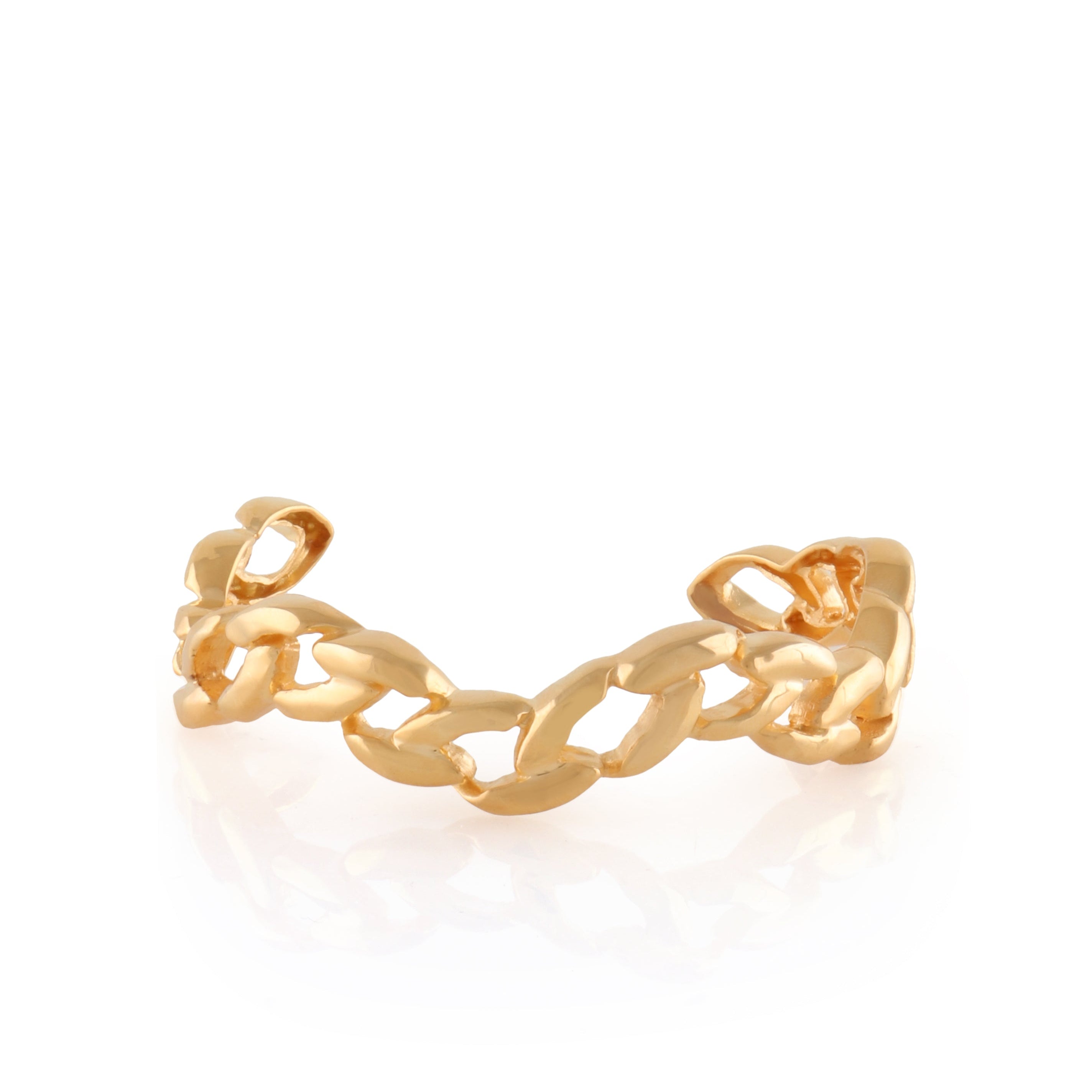 Gold-toned open-ended cuff bracelet with interconnected, flattened oval chain links forming a wave-like design.