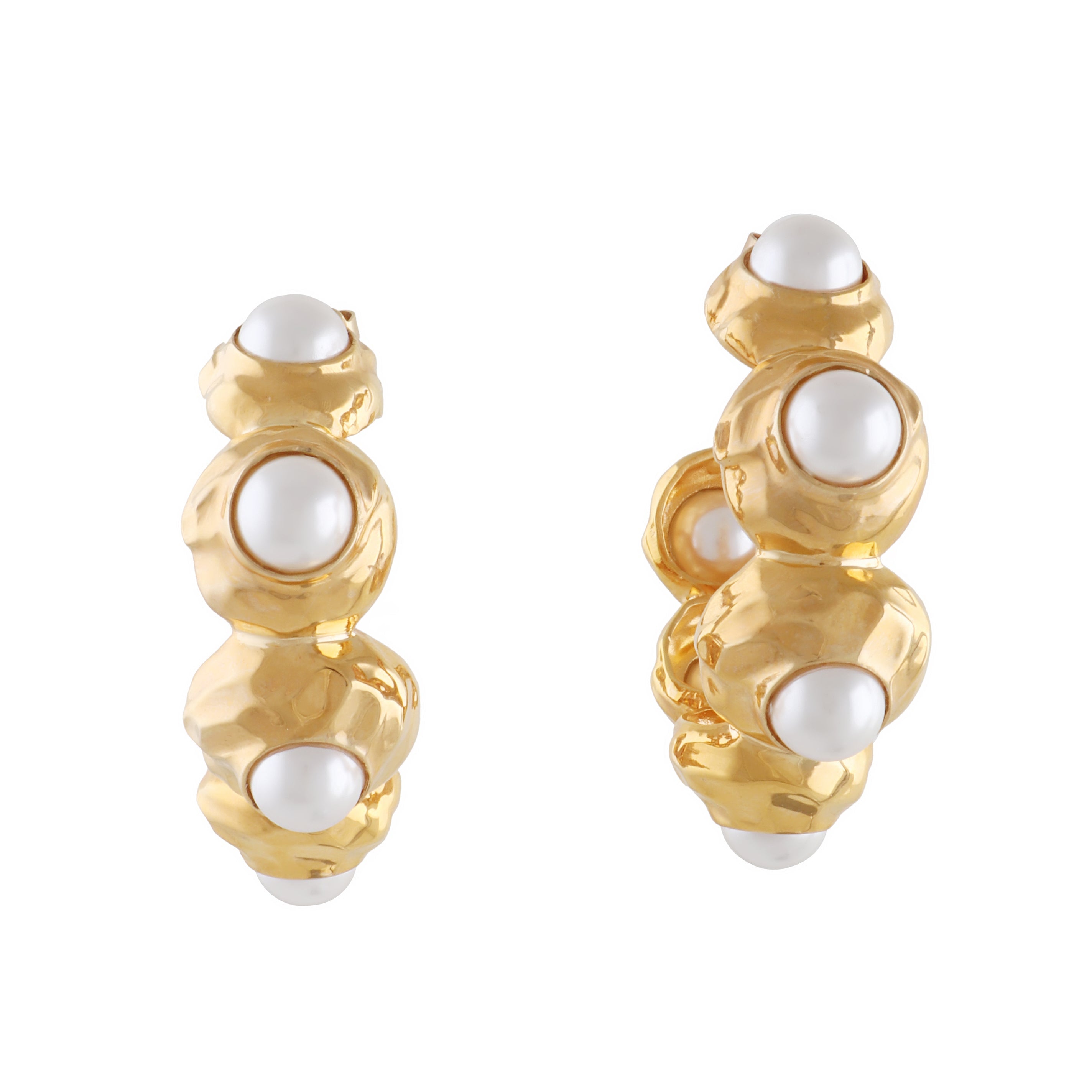 Pair of gold-toned hammered hoop earrings, each adorned with multiple white spherical pearls set within the textured metal.