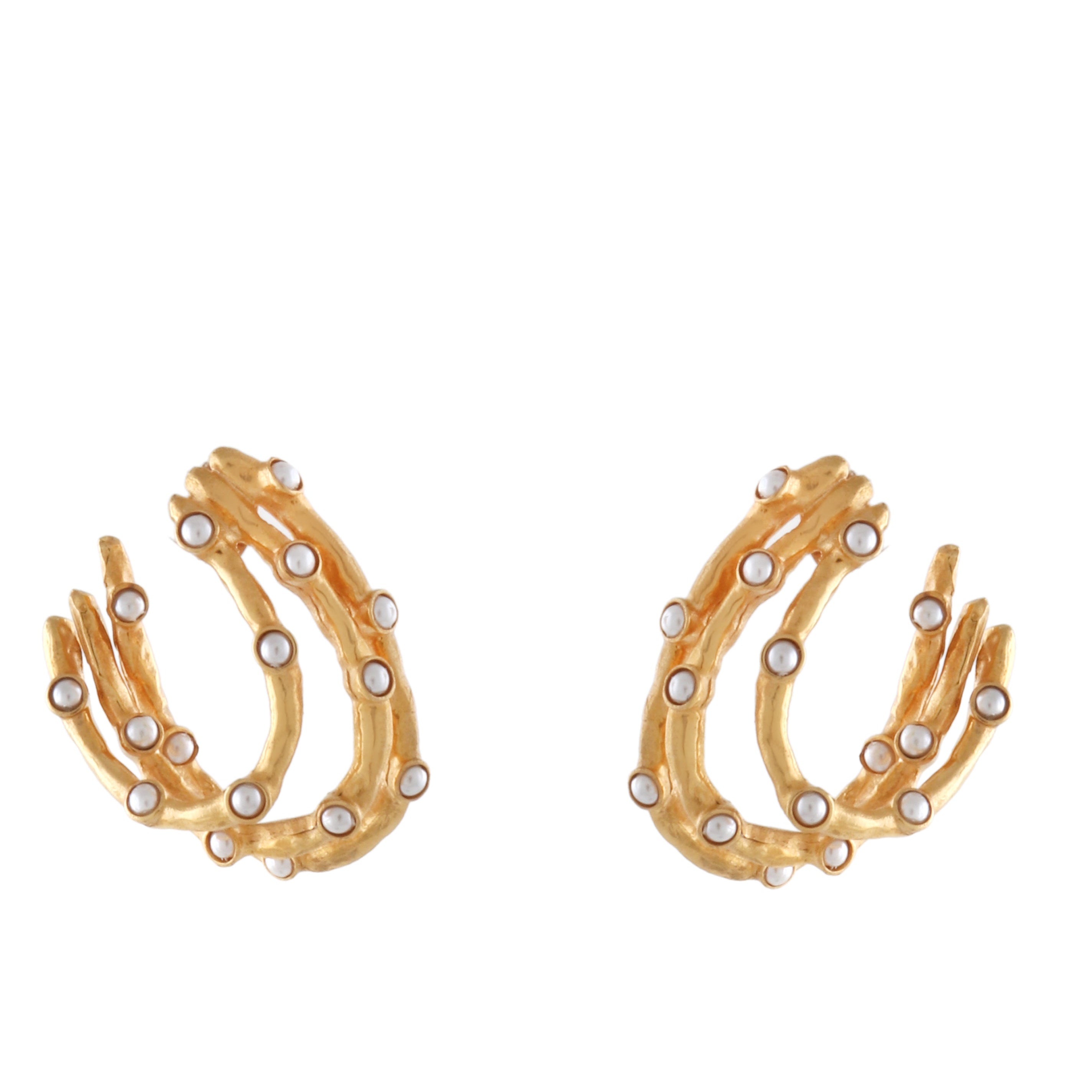 Pair of gold-toned multi-wave hoop earrings with a textured finish, adorned with small white pearls.