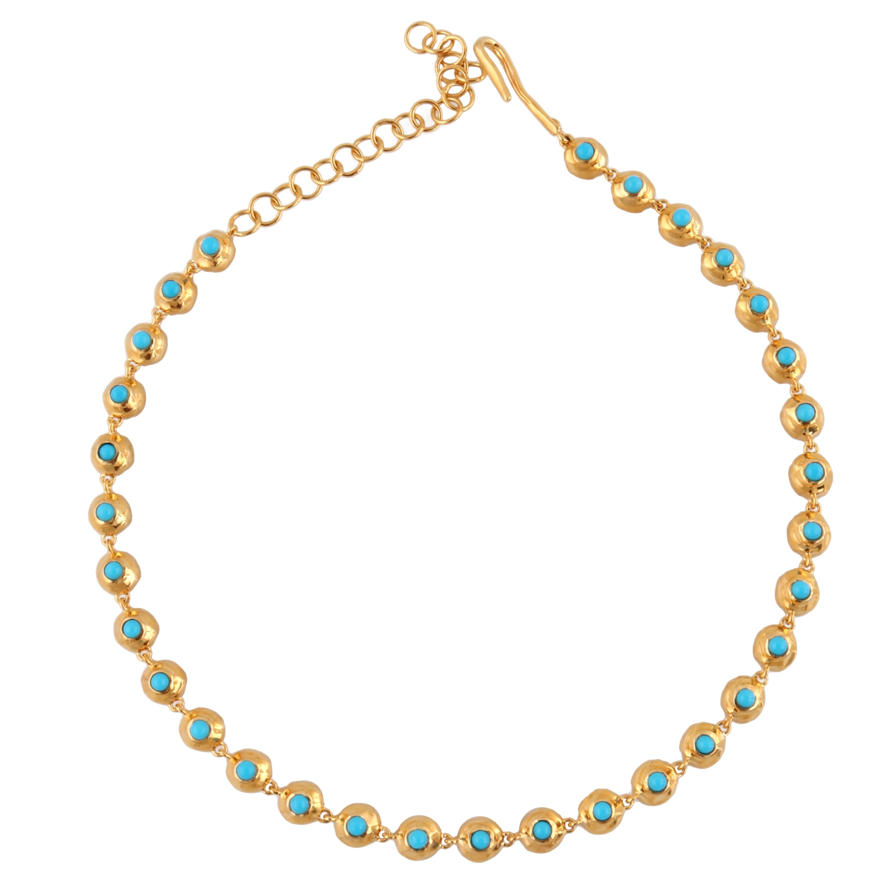 Gold-toned necklace with round turquoise stones embedded in textured orbs, featuring an adjustable chain and hook clasp