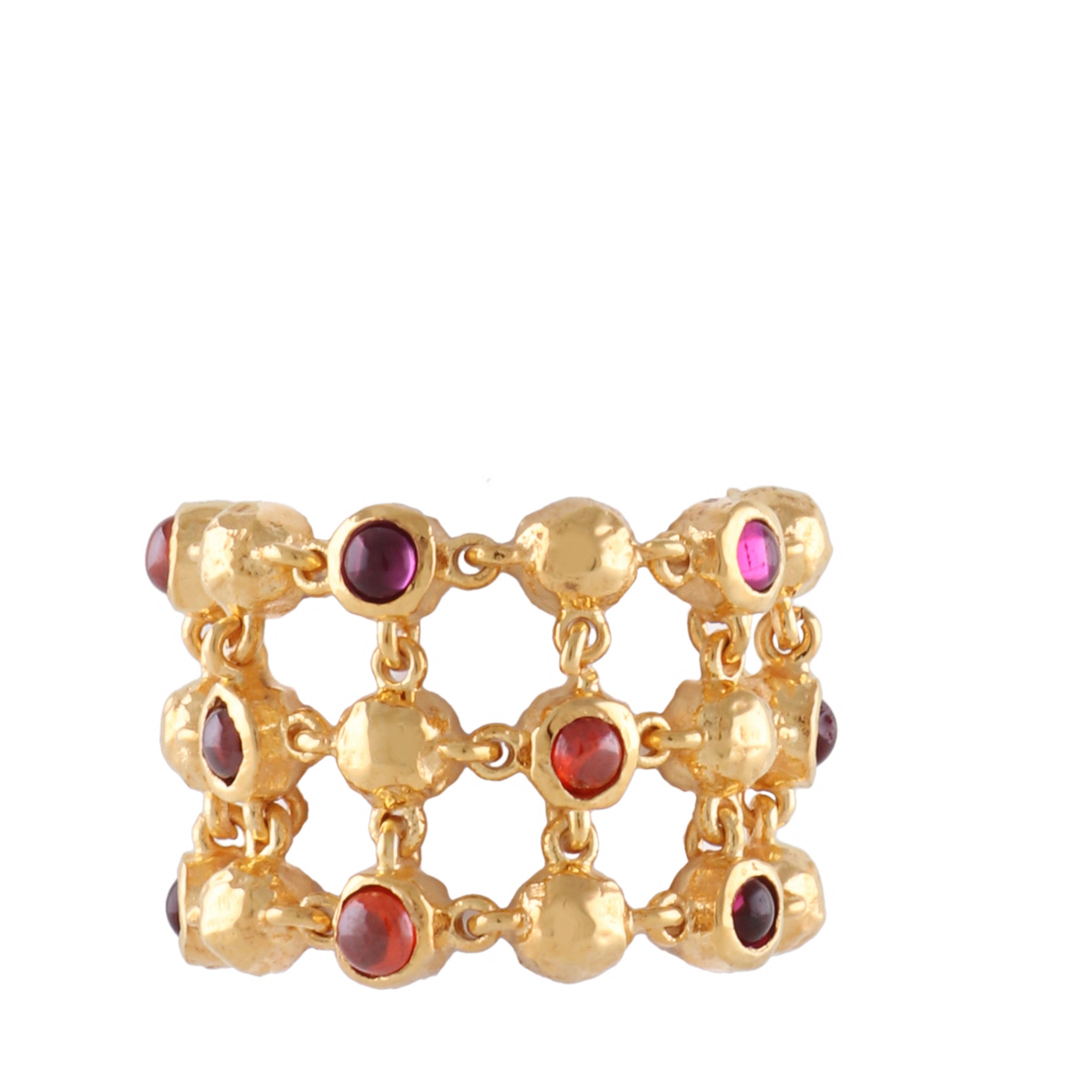 Wide gold-toned ring with a hammered texture, featuring a grid design set with round red and purple cabochon stones.