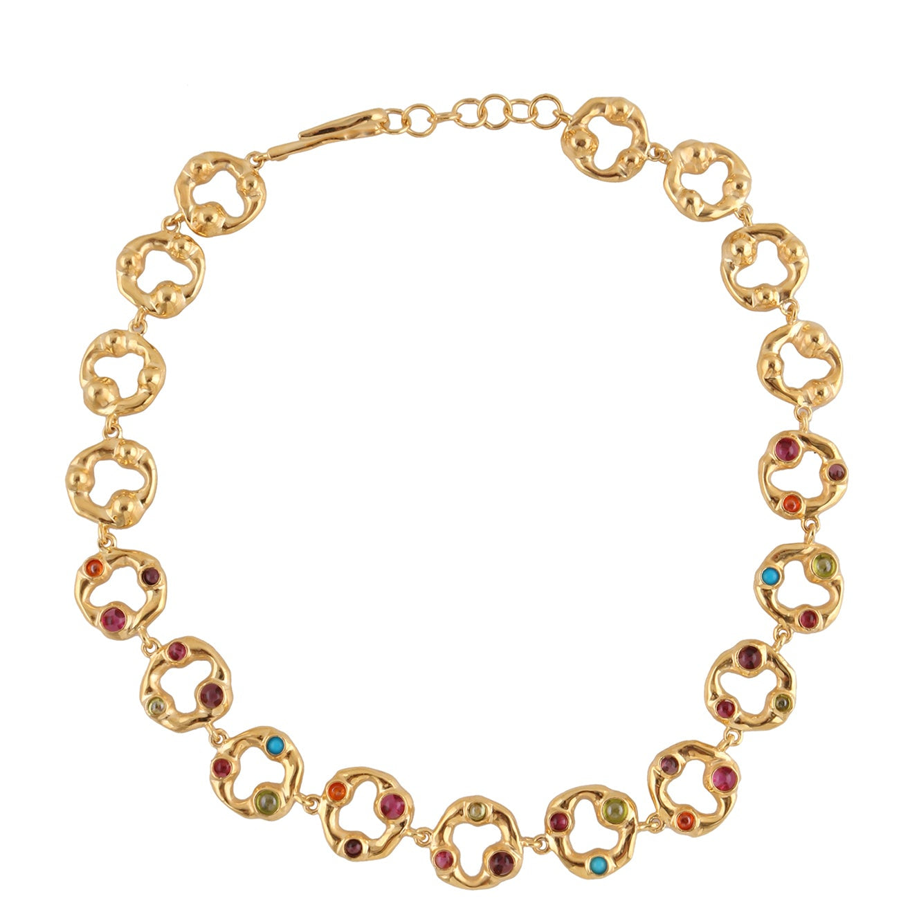Gold-toned wave chain necklace with irregular links, some featuring cut-outs and others set with multi-coloured cabochon ston