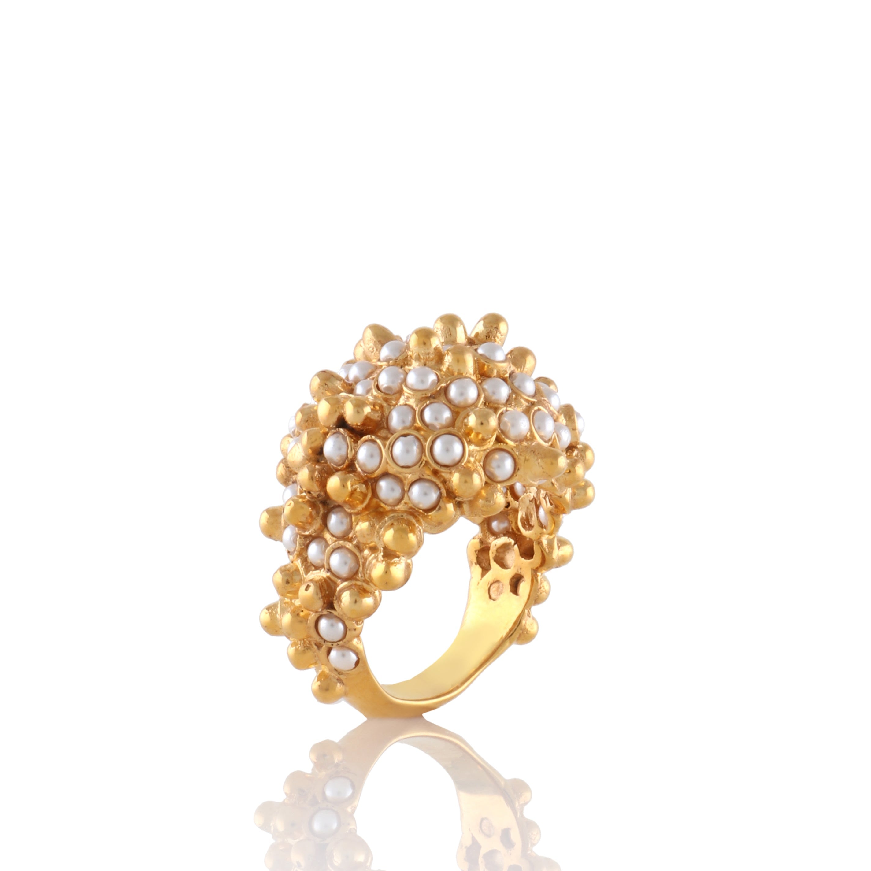 Gold-toned statement ring with a domed cluster of gold-toned orbs and white mini pearls.