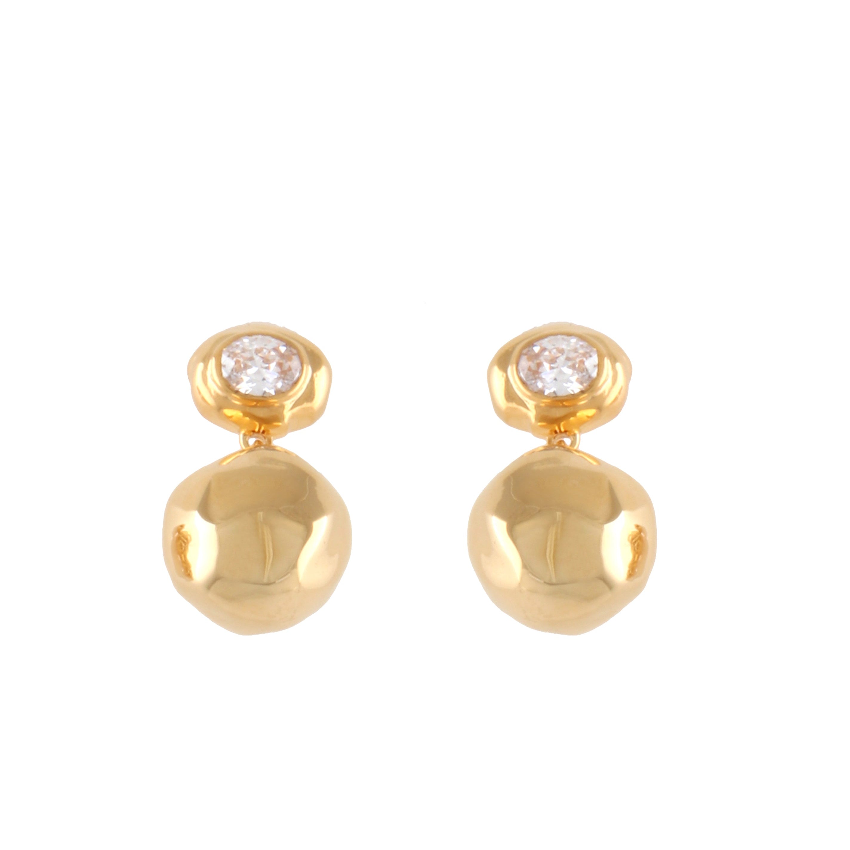 Pair of gold-toned dangling earrings, each featuring an irregular oval stud with a clear round stone and a larger, irregular